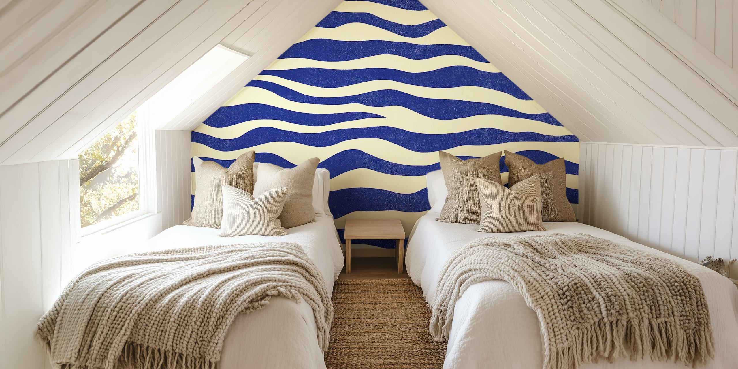 Navy blue and white wavy stripe pattern wallpaper