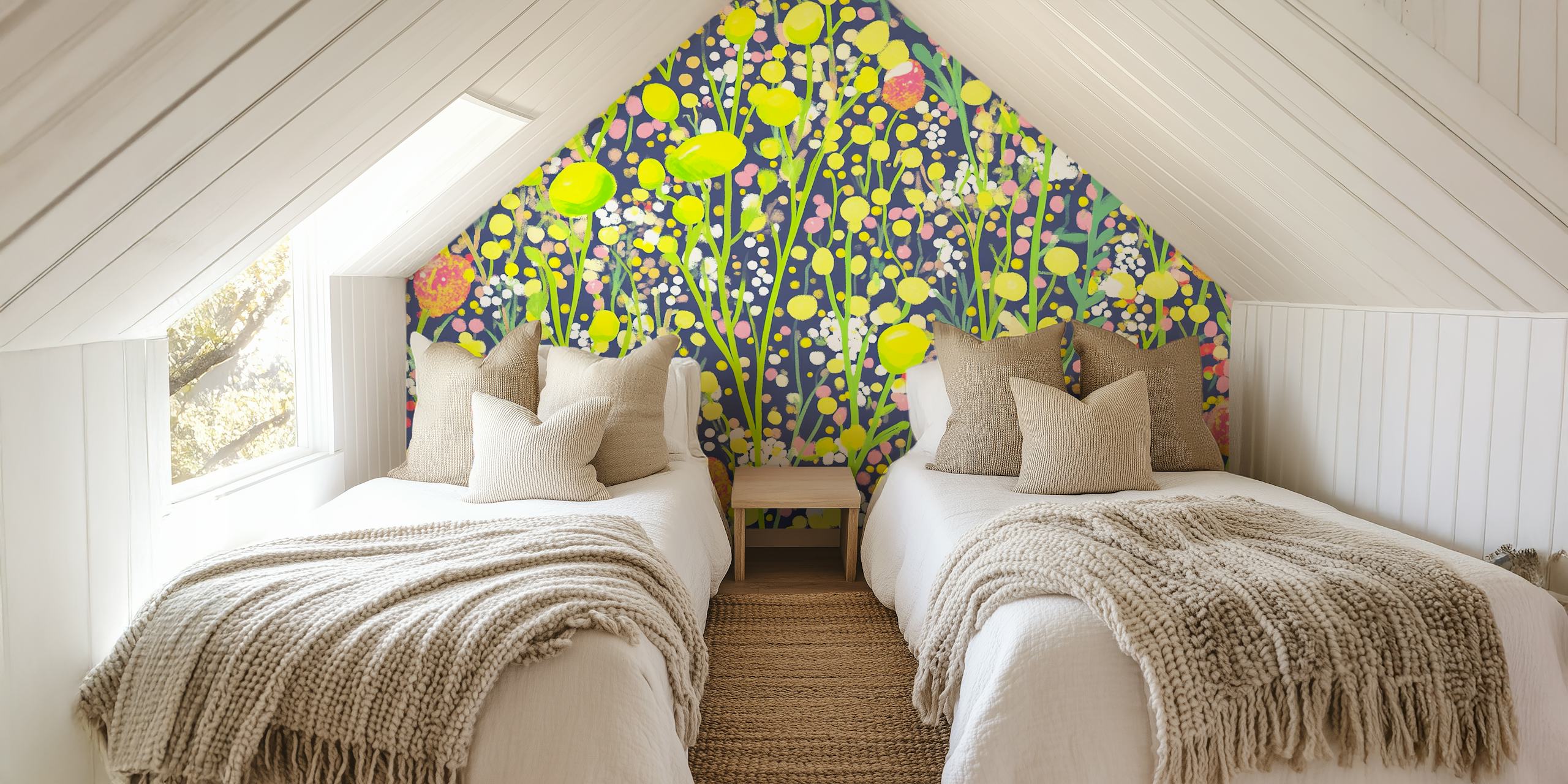 Colorful floral elements with yellow, pink, and white on dark background wallpaper