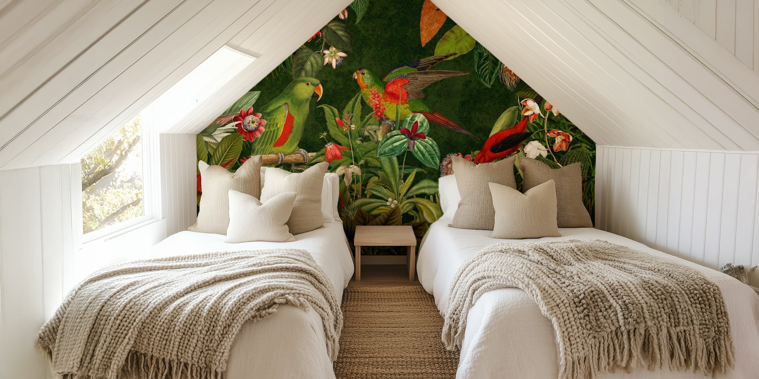 Vibrant vintage rainforest birds wallpaper on display