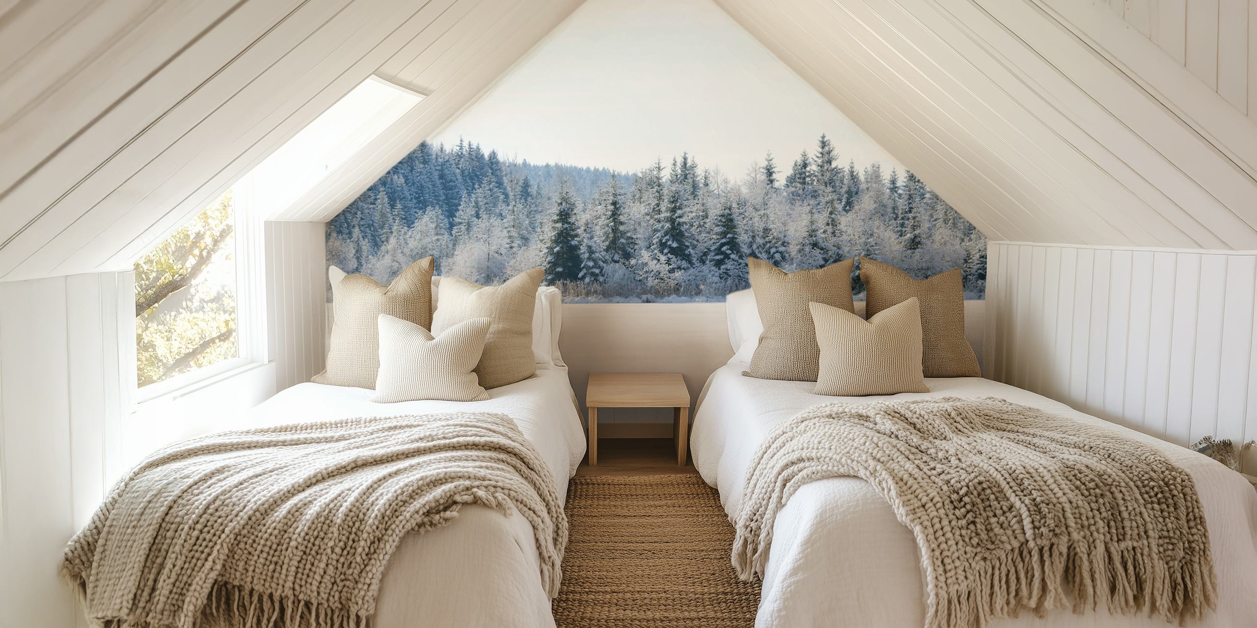 Snowy pine trees wallpaper in a room