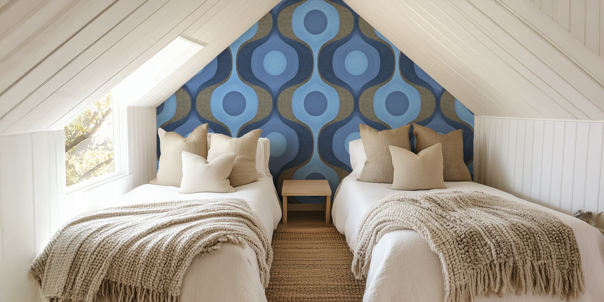 Earthy Blue 70s Groovy Geometry wallpaper in a room