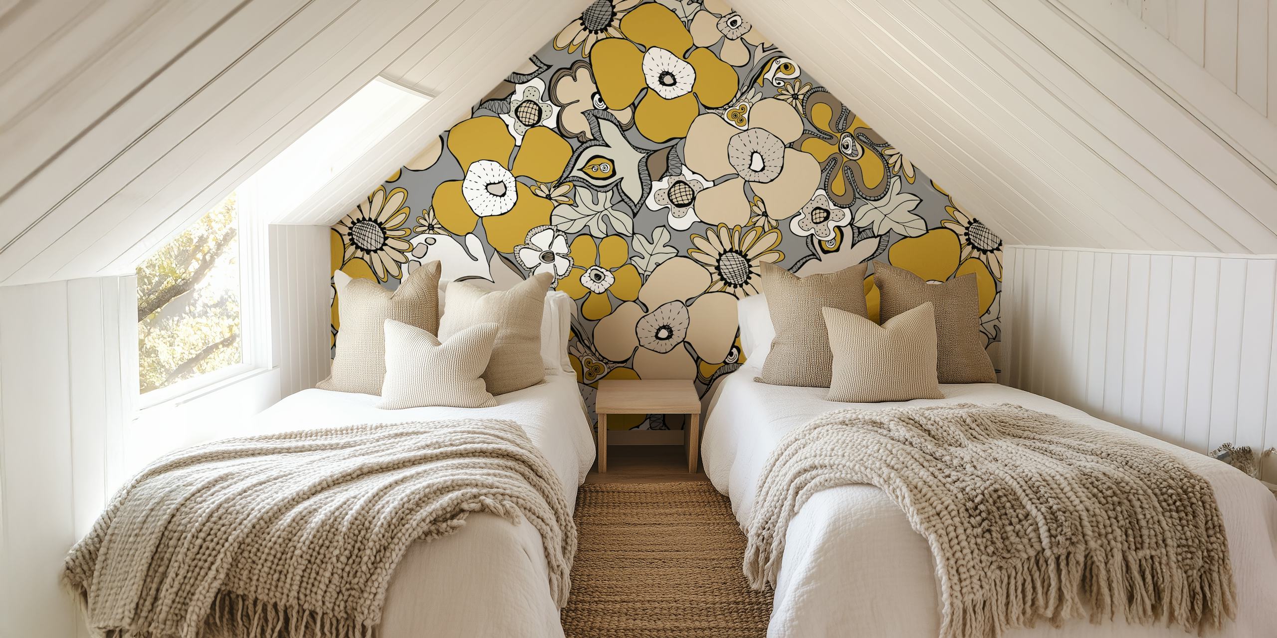 Floral Doodles grey mustard ταπετσαρία σε ένα δωμάτιο