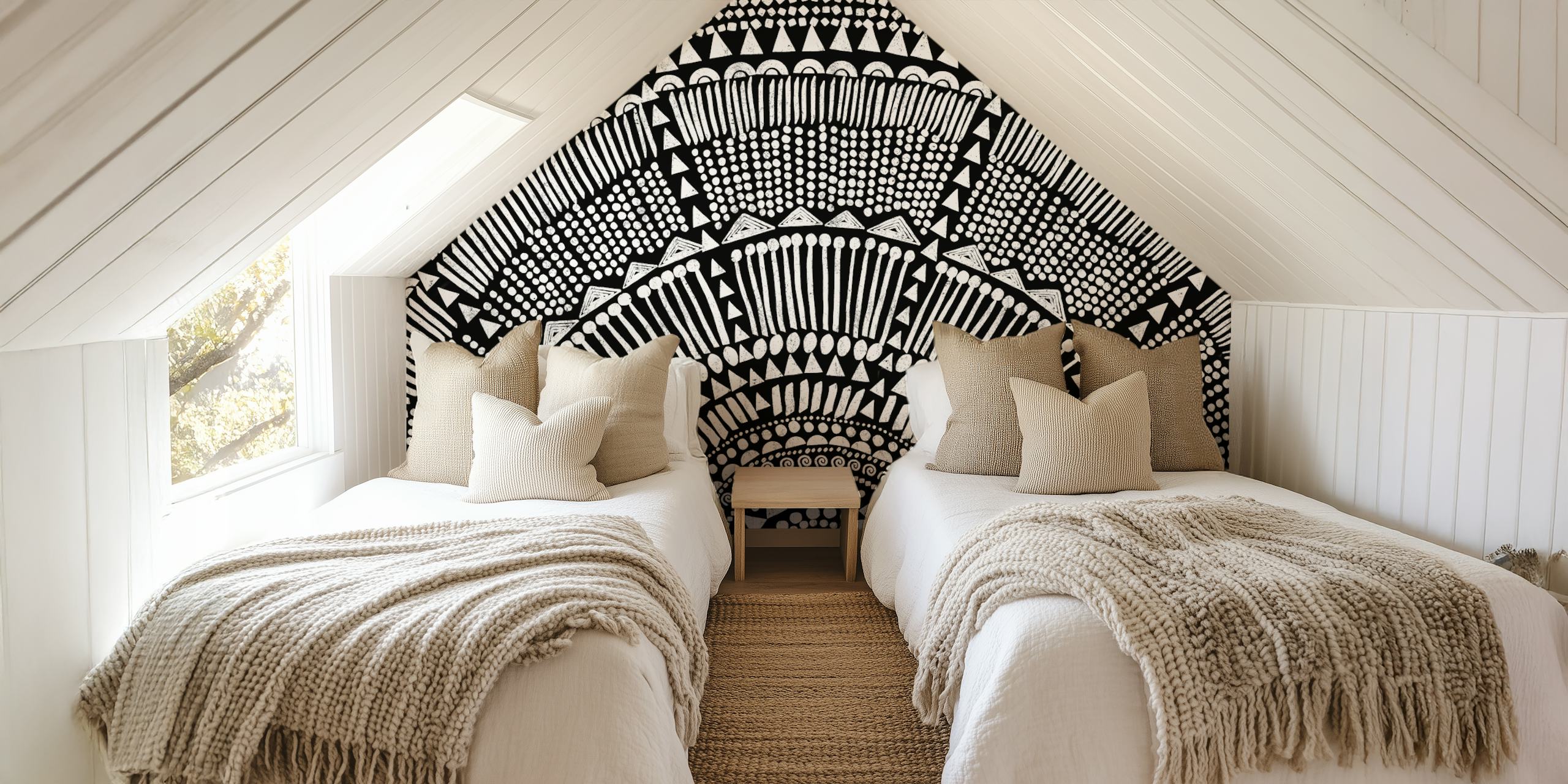 Motif tribal noir et blanc avec cercles et lignes sur papier peint