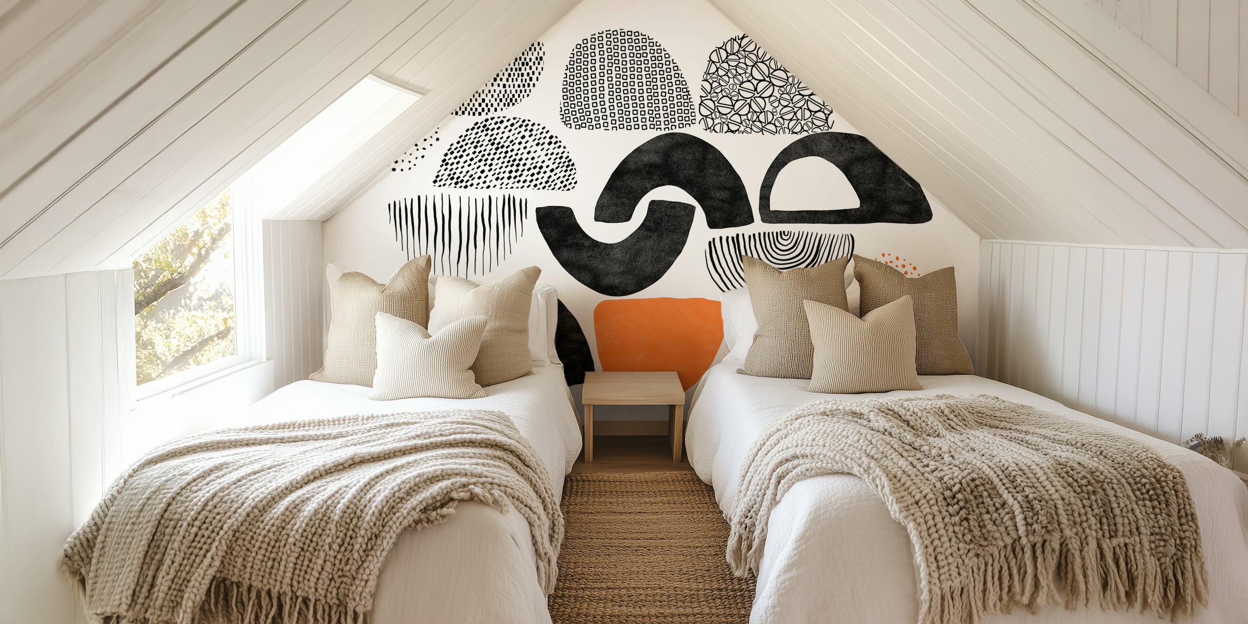 Abstract black and orange shapes on white background wallpaper