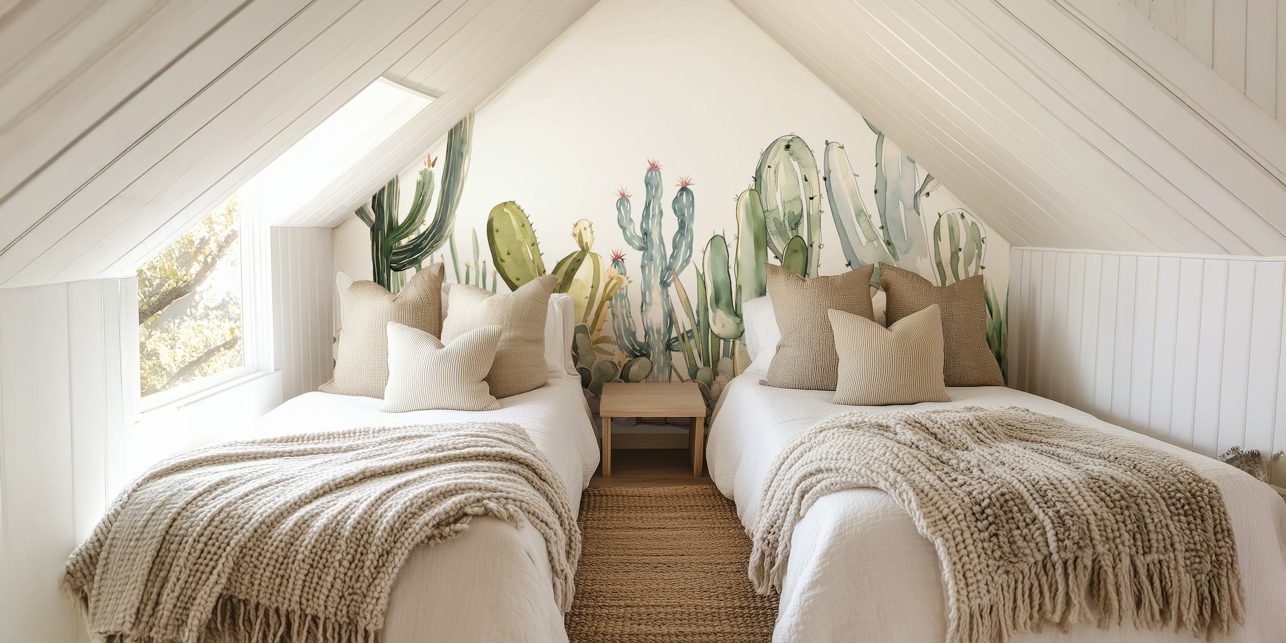 Cacti and succulents in green and beige colors botanical wallpaper