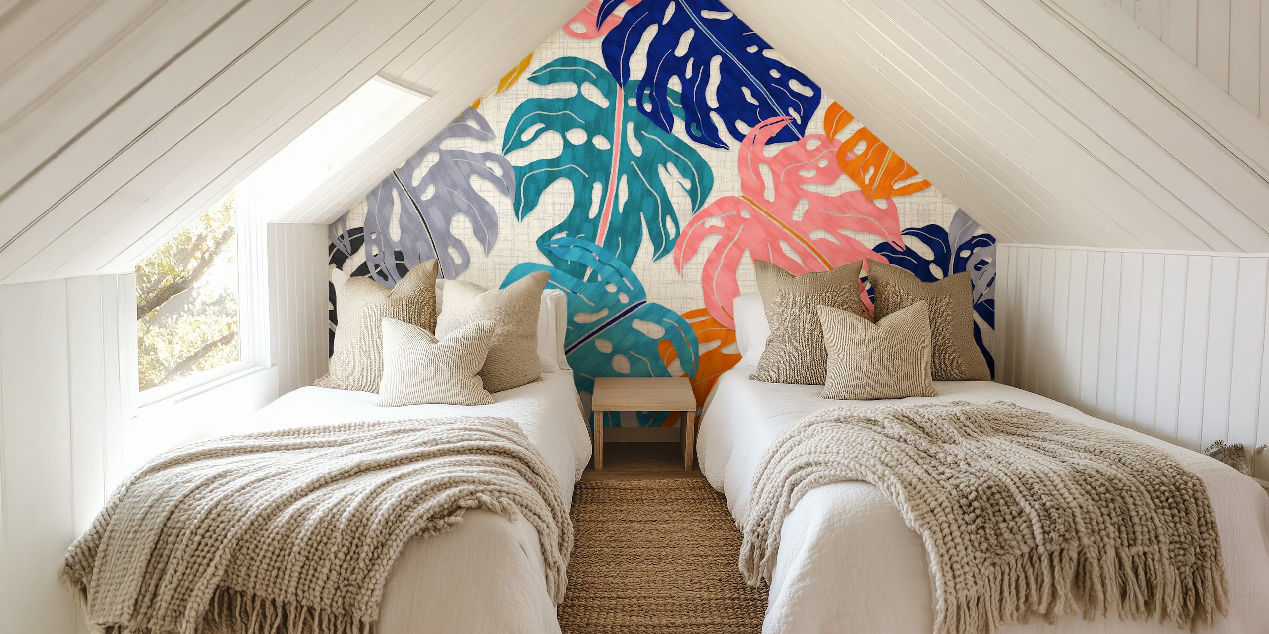 Colorful Monstera leaves in orange, pink, blue, and gray on a textured white background wallpaper