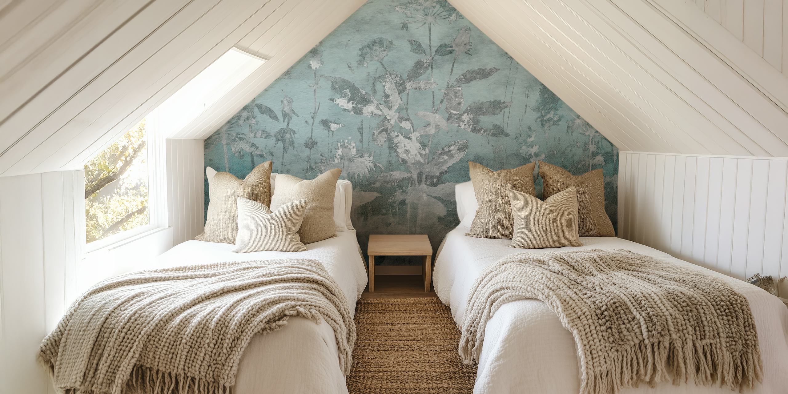 Aqua floral botanical wallpaper with an antique effect