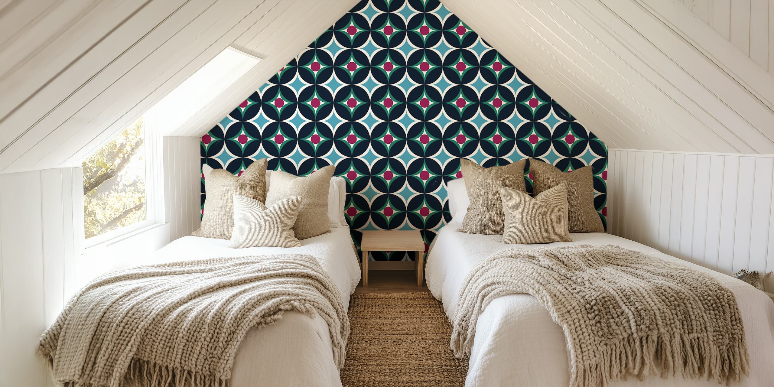 Geometric starburst pattern in dark blue, teal, and burgundy wallpaper