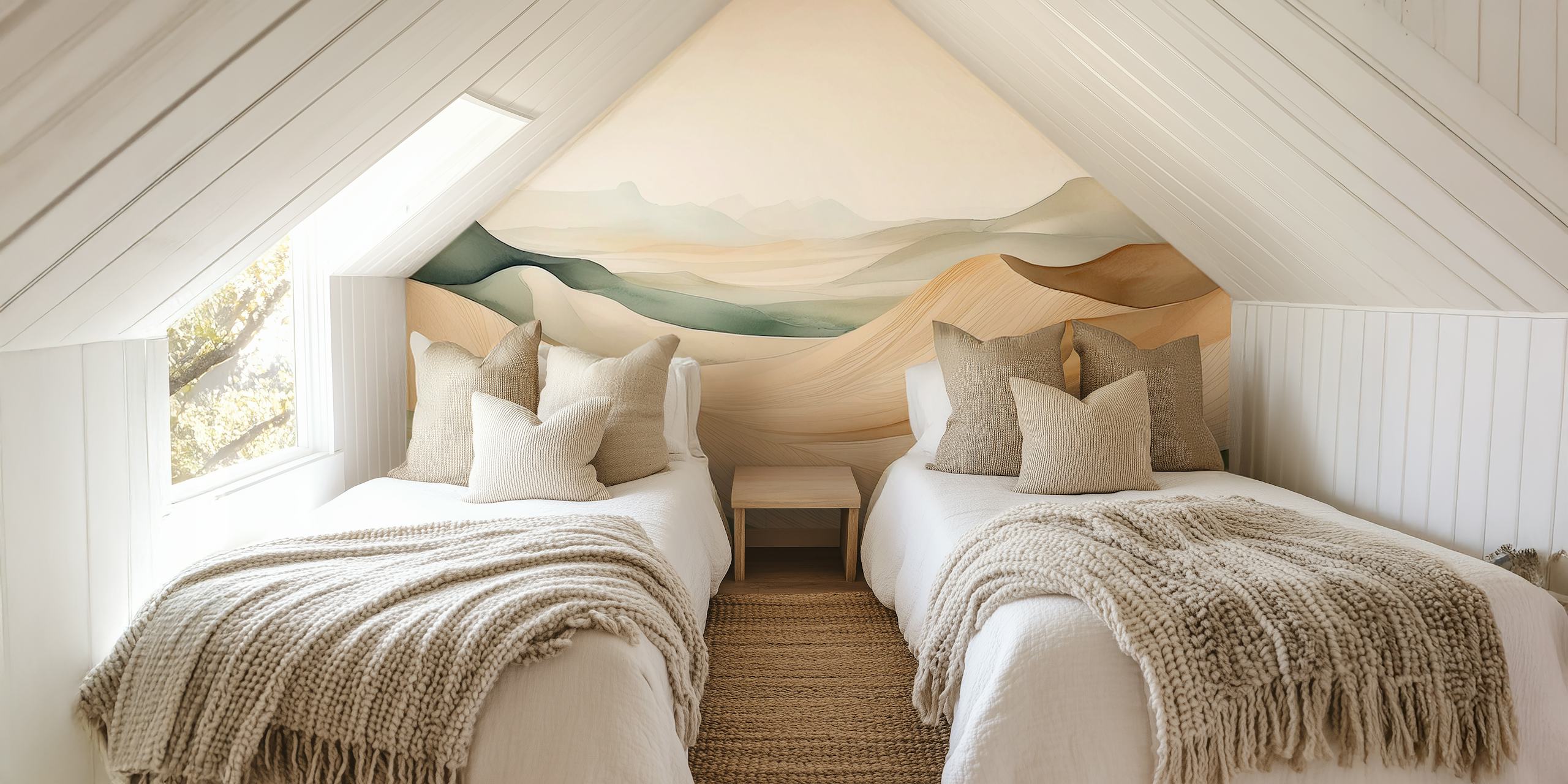 Gentle terrain abstract landscape wallpaper in soft green and beige hues