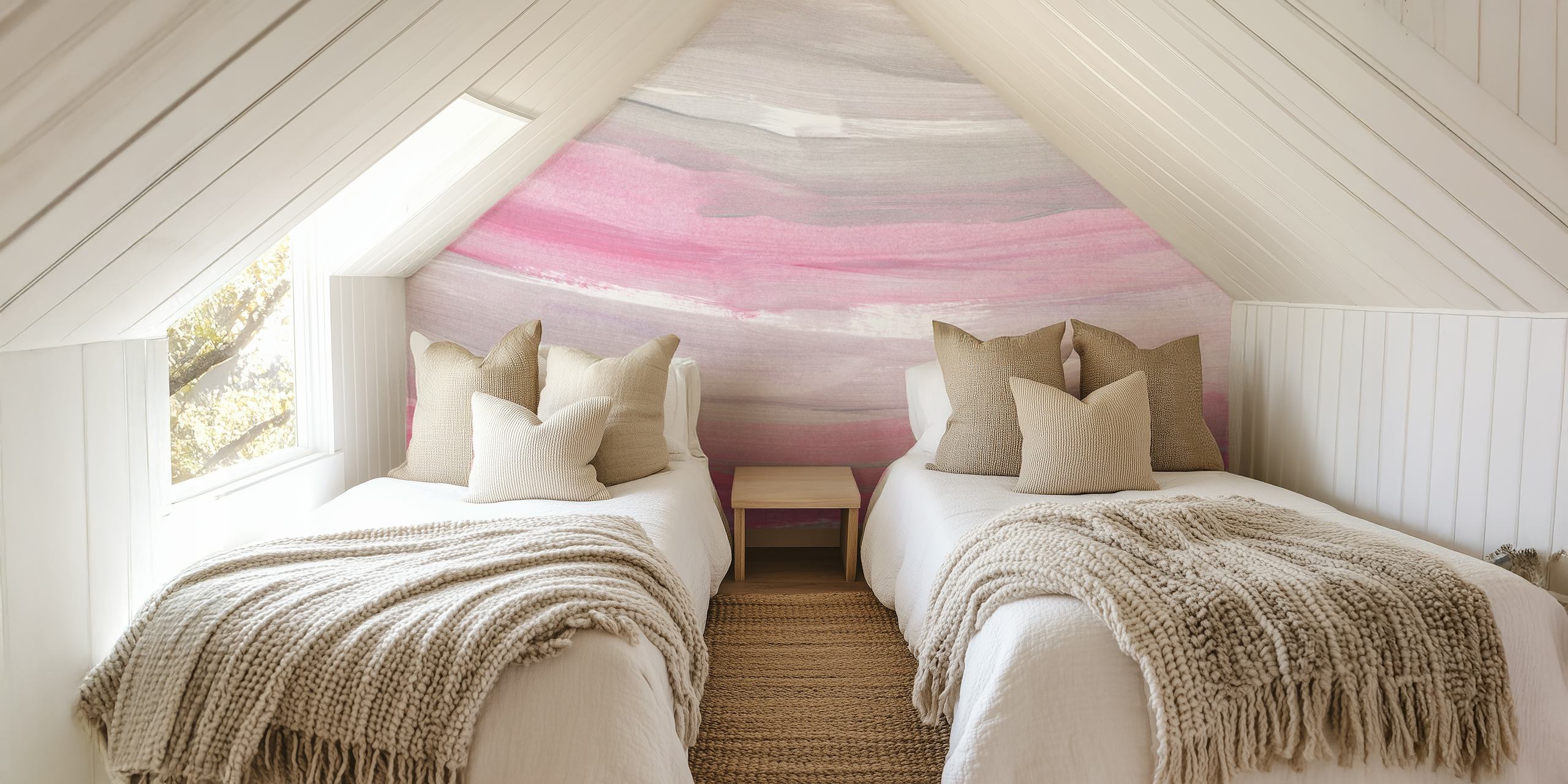 Blush and Gray Brushstroke Waves wallpaper in room