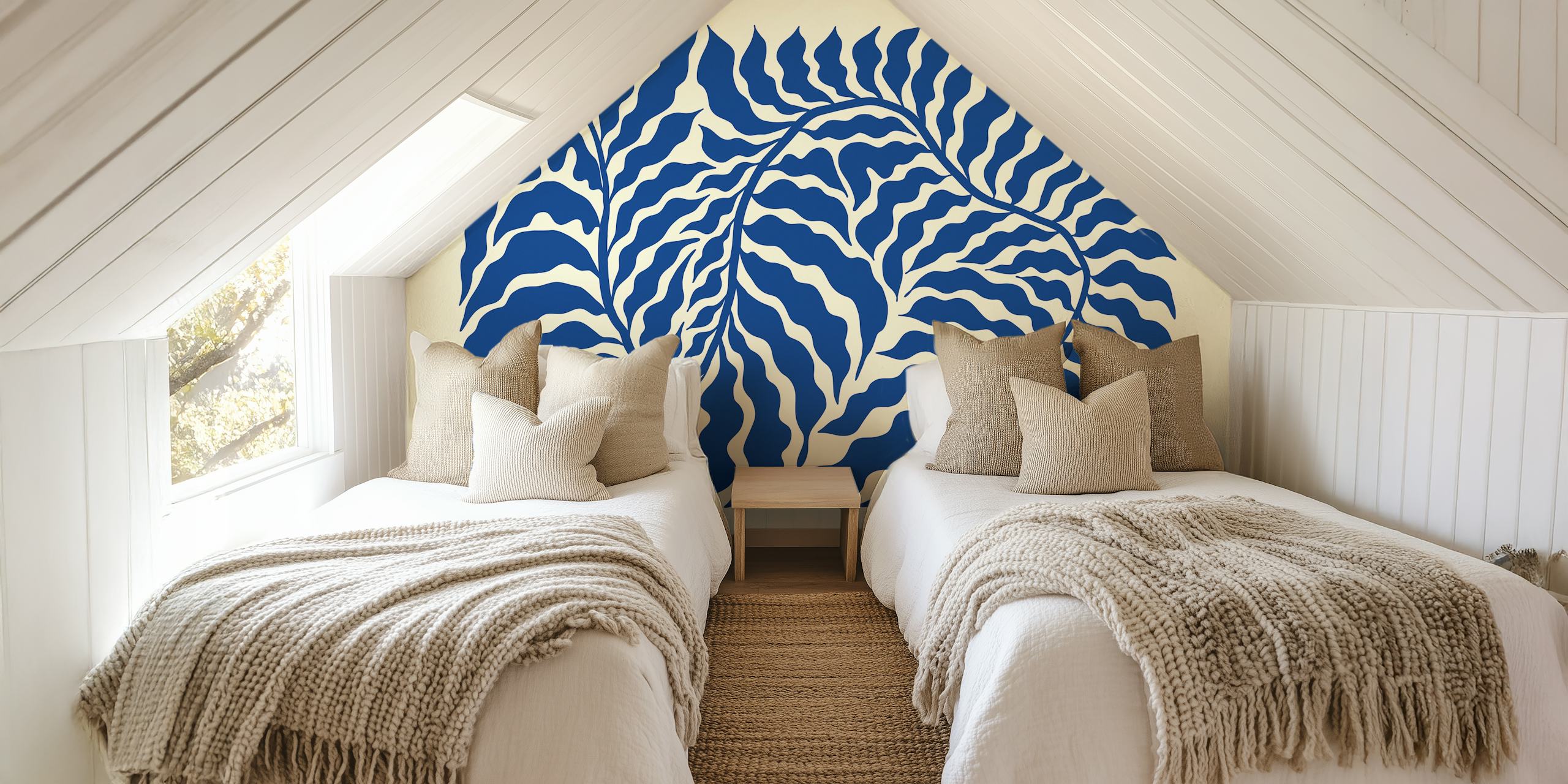 Abstract blue botanical leaves design on beige wallpaper