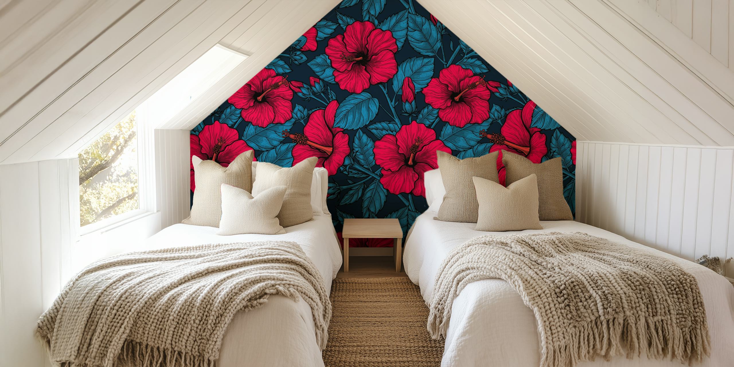 Red hibiscus flowers with teal leaves on dark background wallpaper