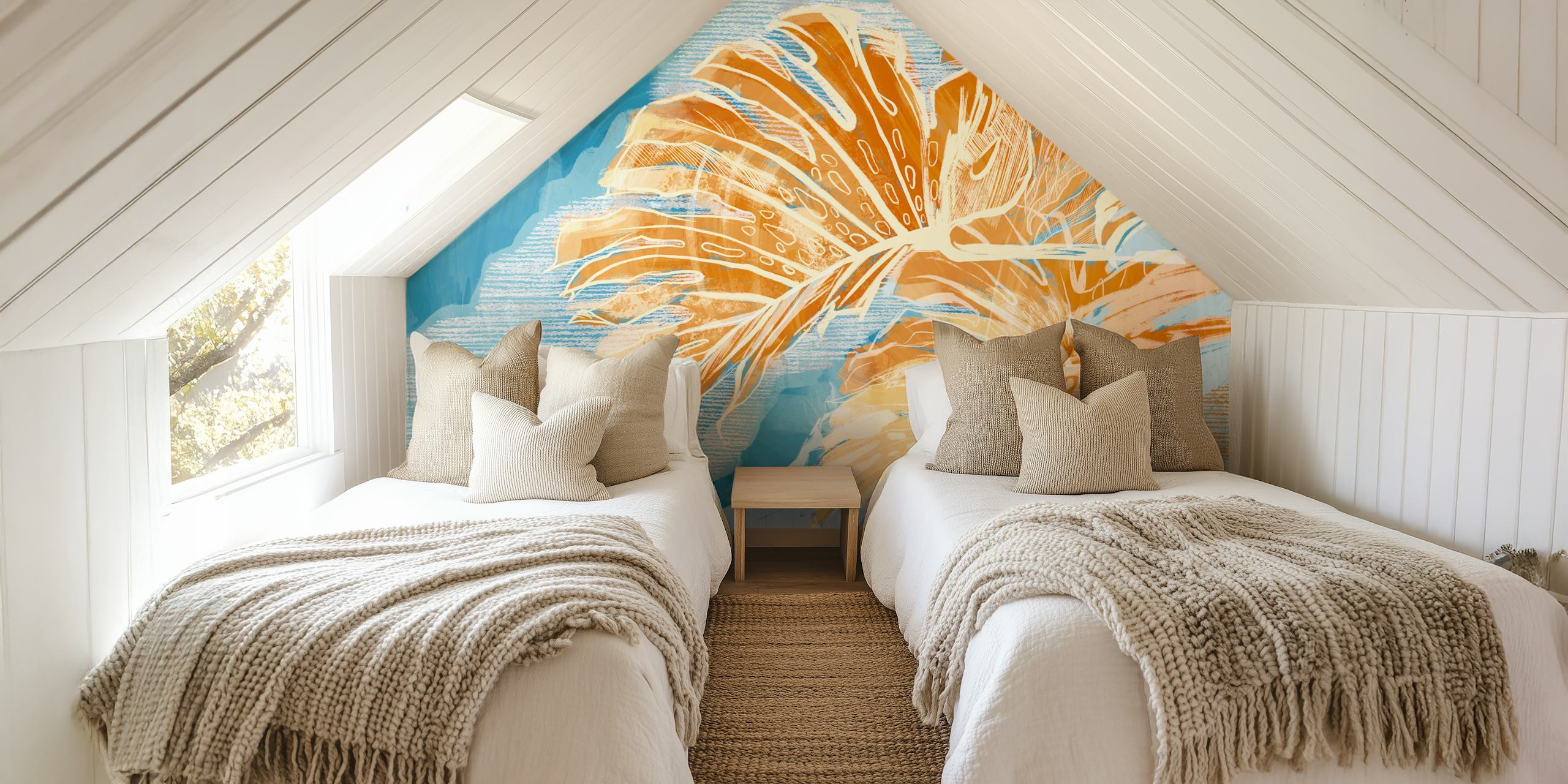Tropical leaf design in orange and blue abstract wallpaper