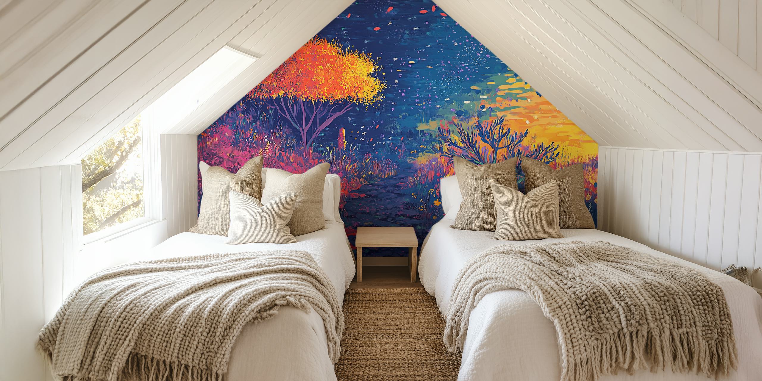 Colorful night floral landscape wallpaper with bright tree and foliage