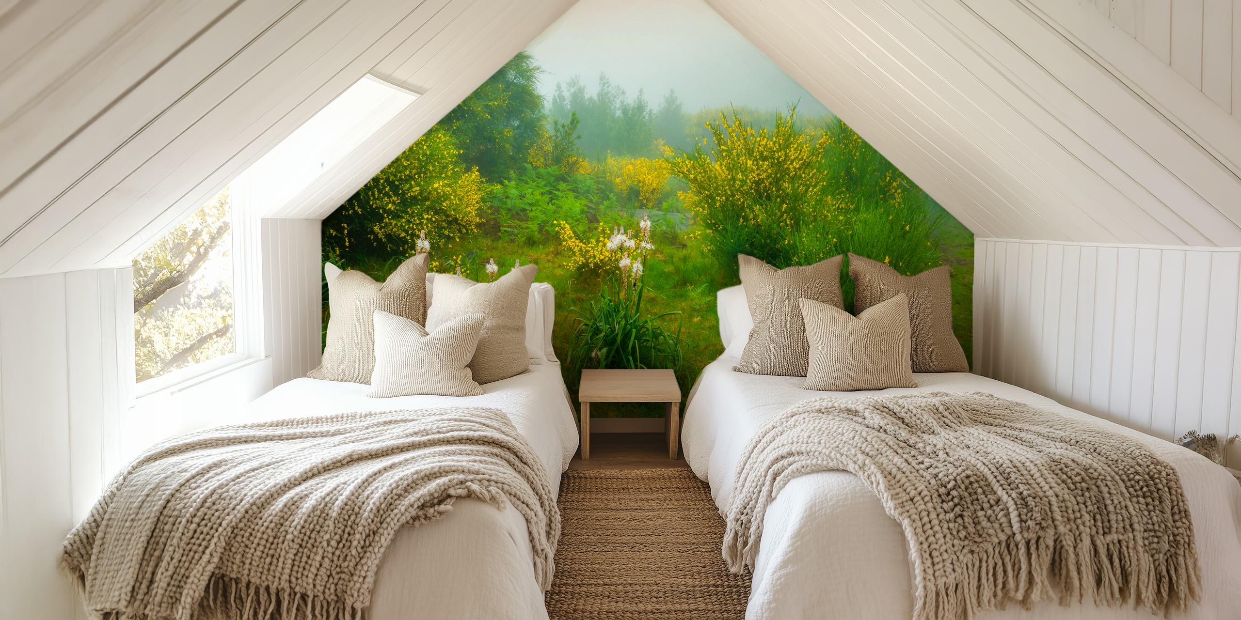 Lush green and yellow flowers with white accents wallpaper
