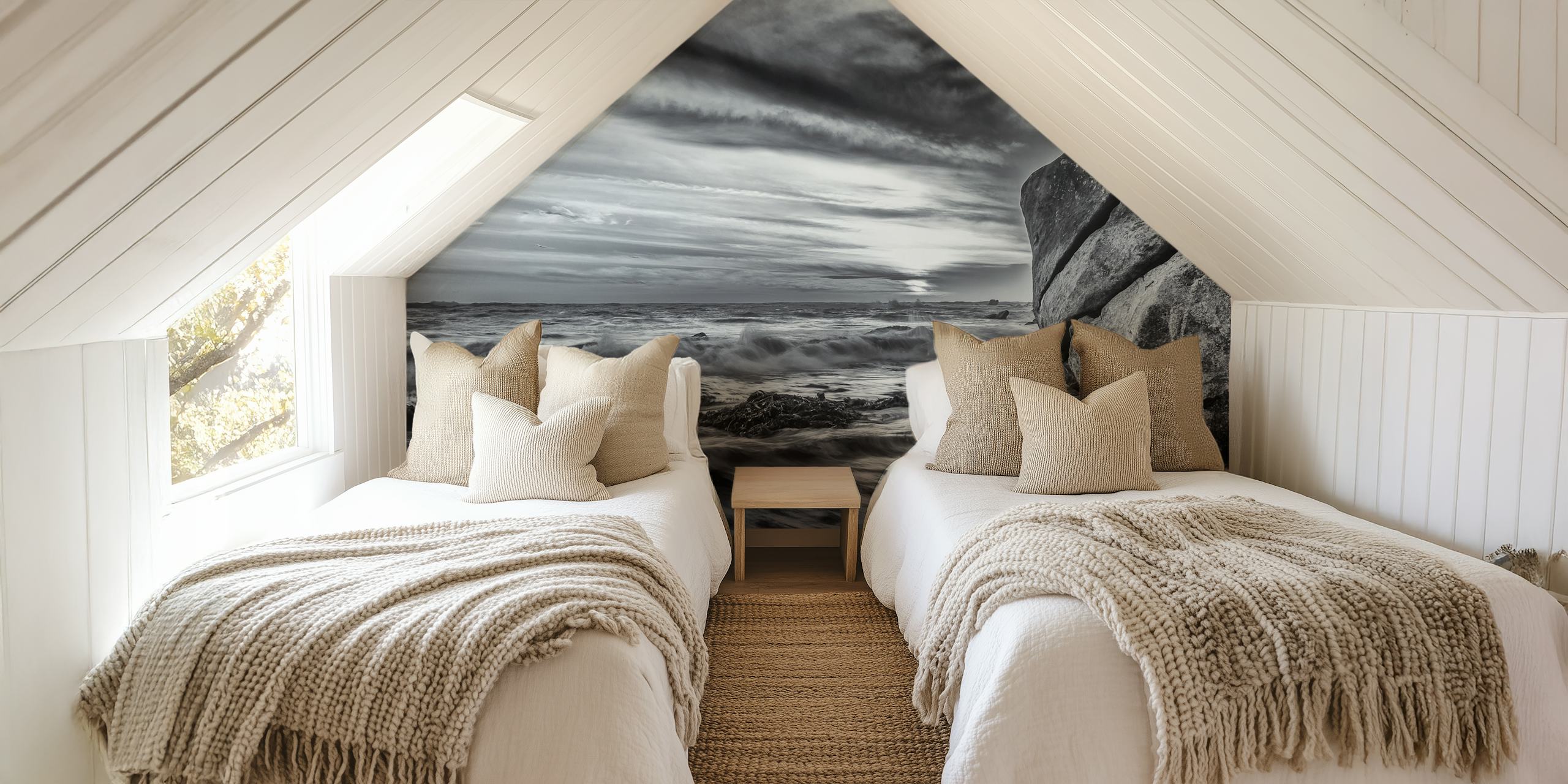 Black and white coastal wall mural depicting waves and rocks