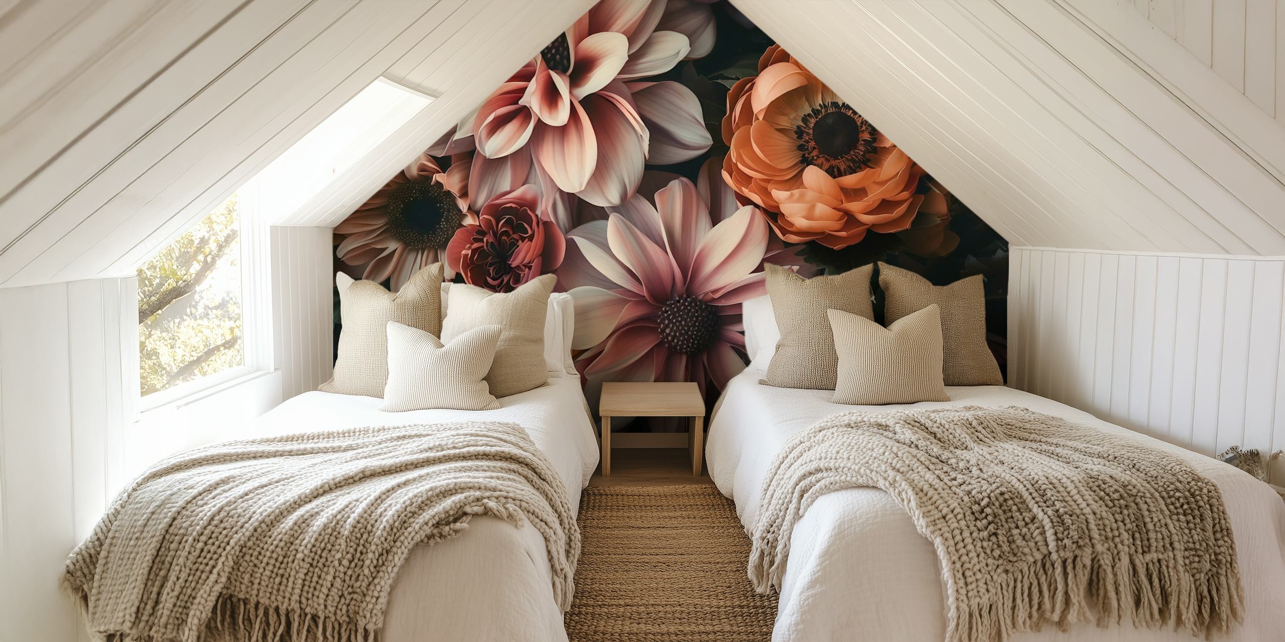 Dark floral design with soft pink and orange flowers, wallpaper