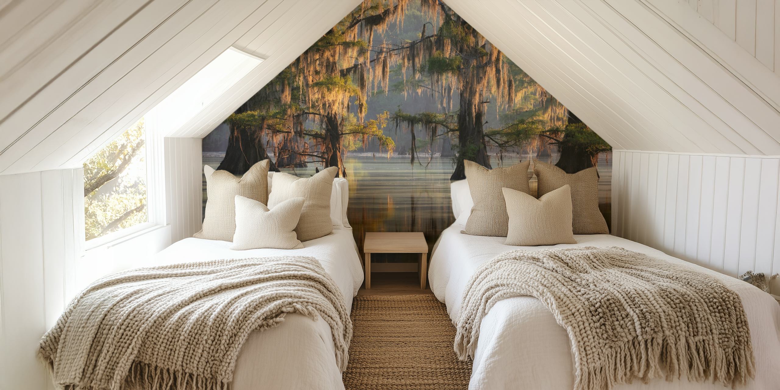 Cypress trees with moss and reflections in calm water wallpaper