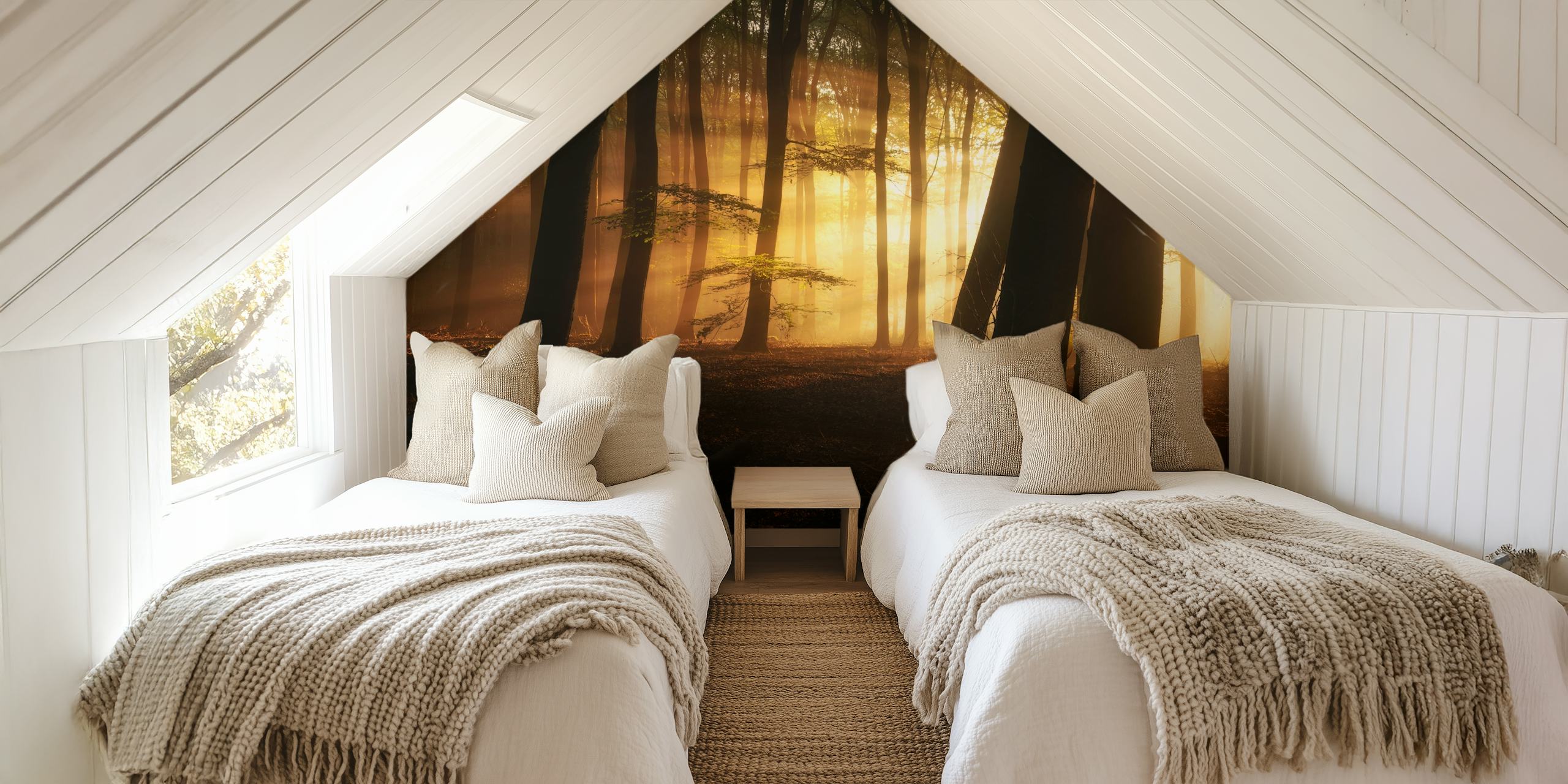 Golden forest scene with sunlight through trees wallpaper