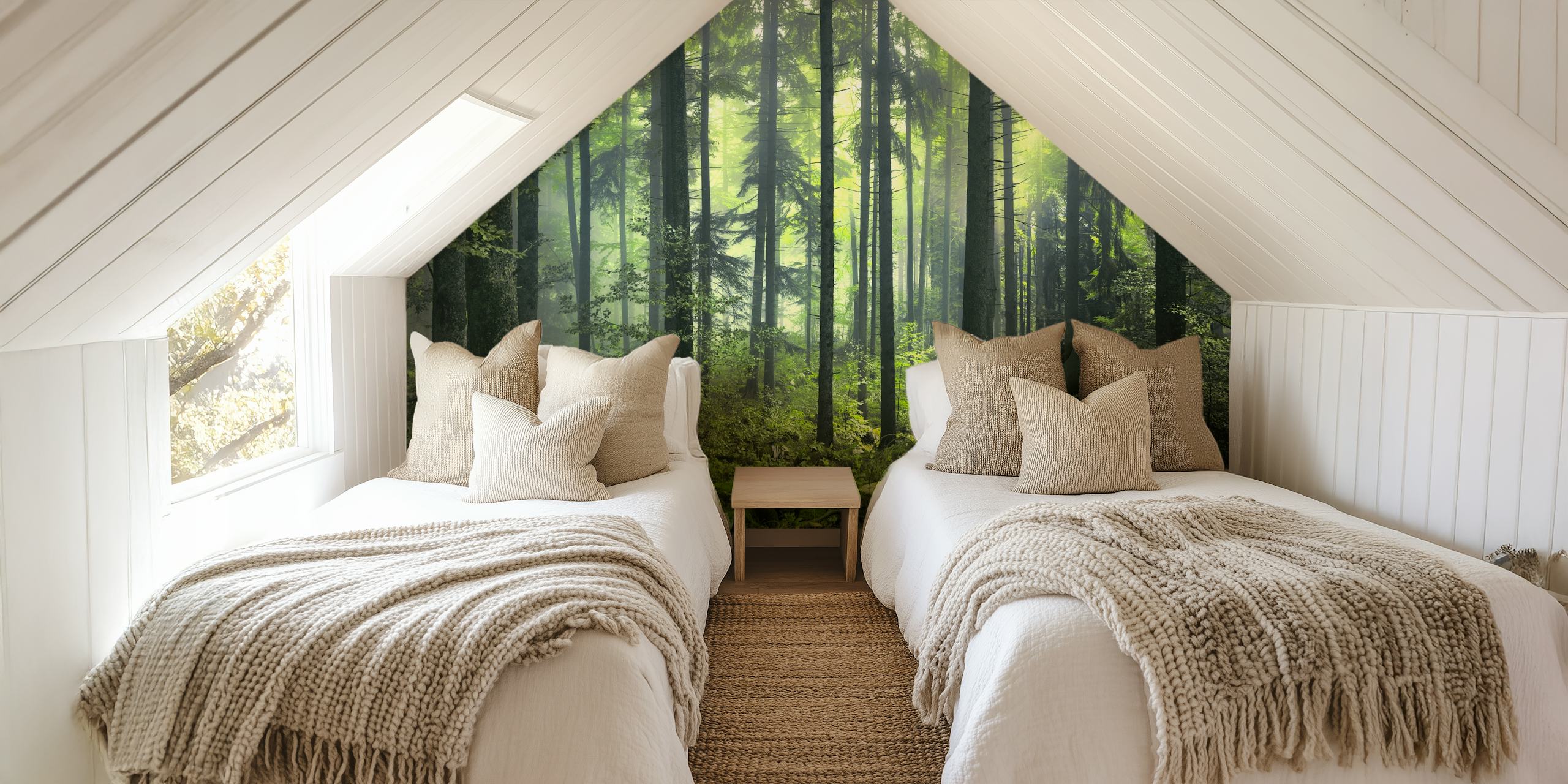 Dense green forest with tall trees and foliage wallpaper