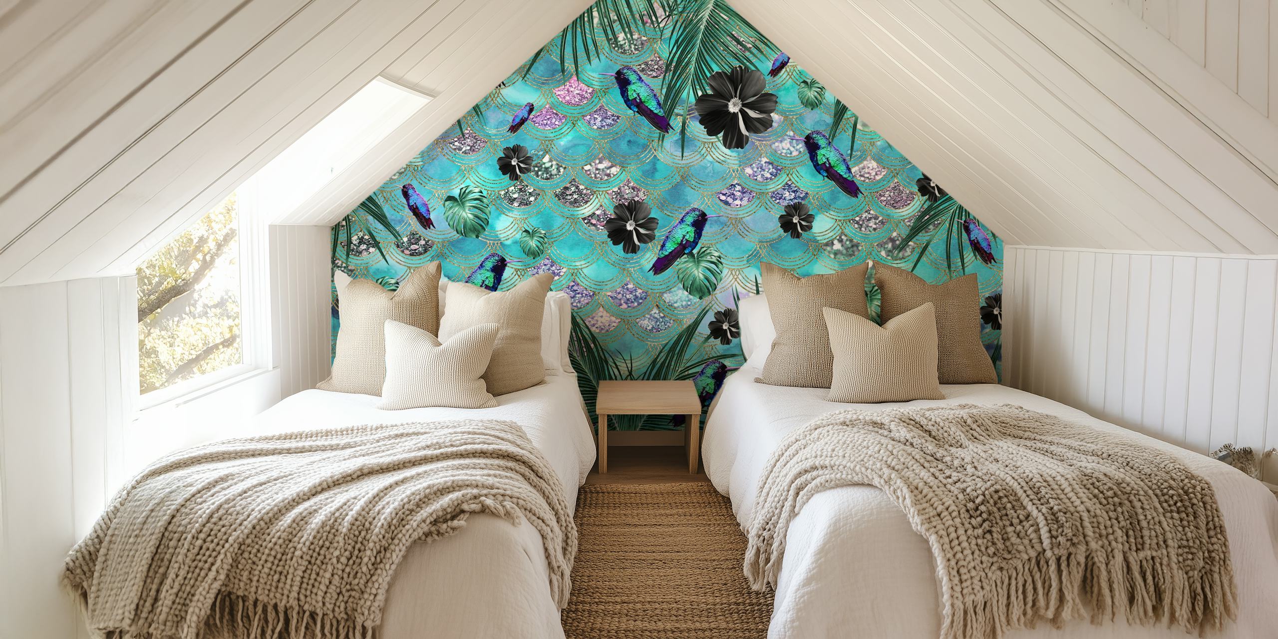 Tropical jungle design with colorful scales, birds, and foliage wallpaper