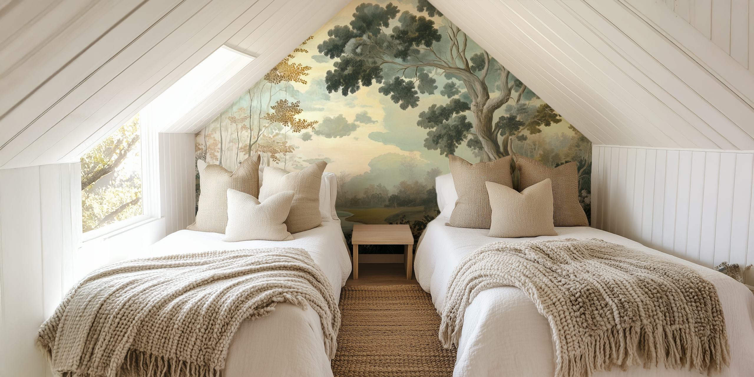 Serene woodland scene wallpaper in a room