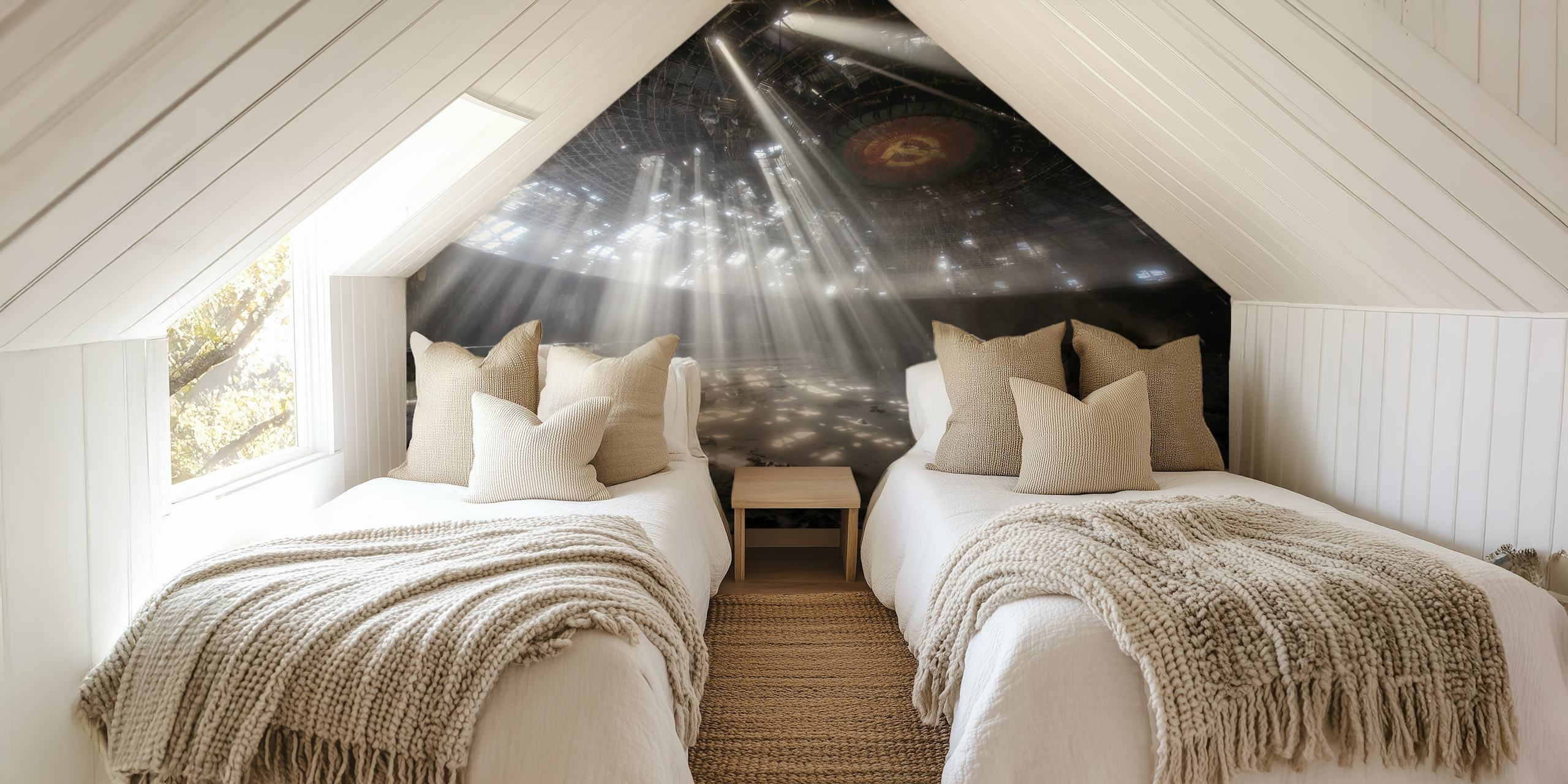 Buzludzha wall mural depicting light rays in an abandoned building