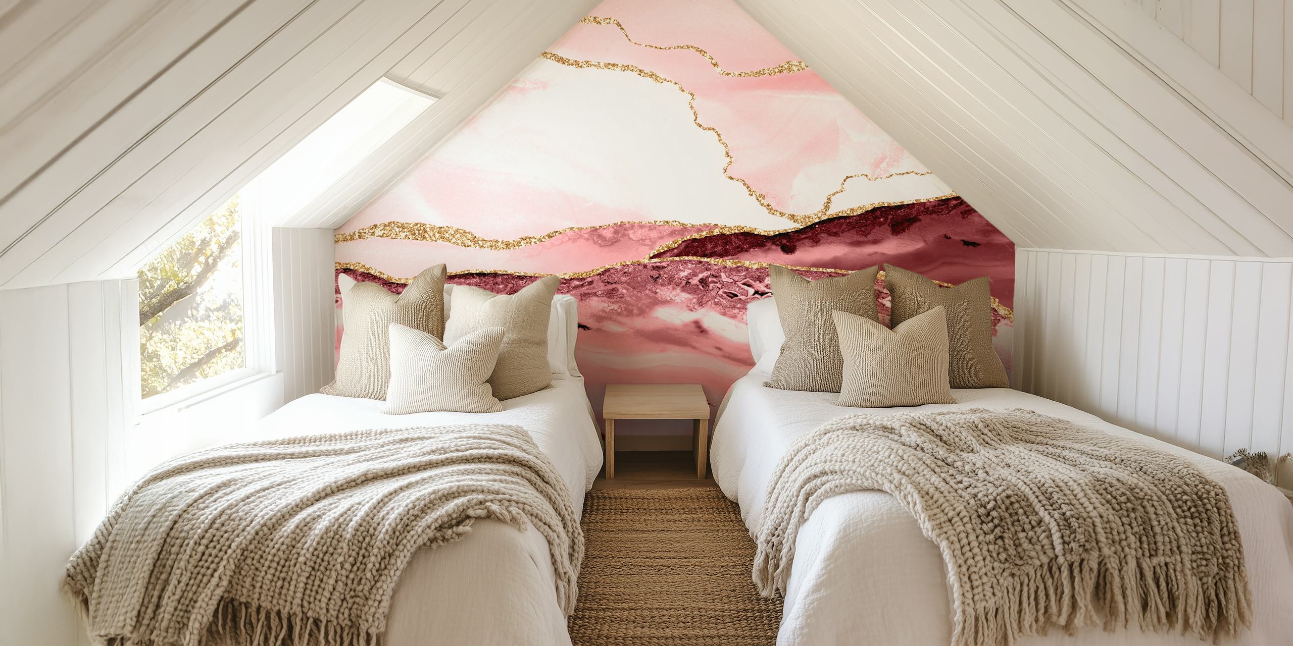 Pink marble waves with gold accents wallpaper