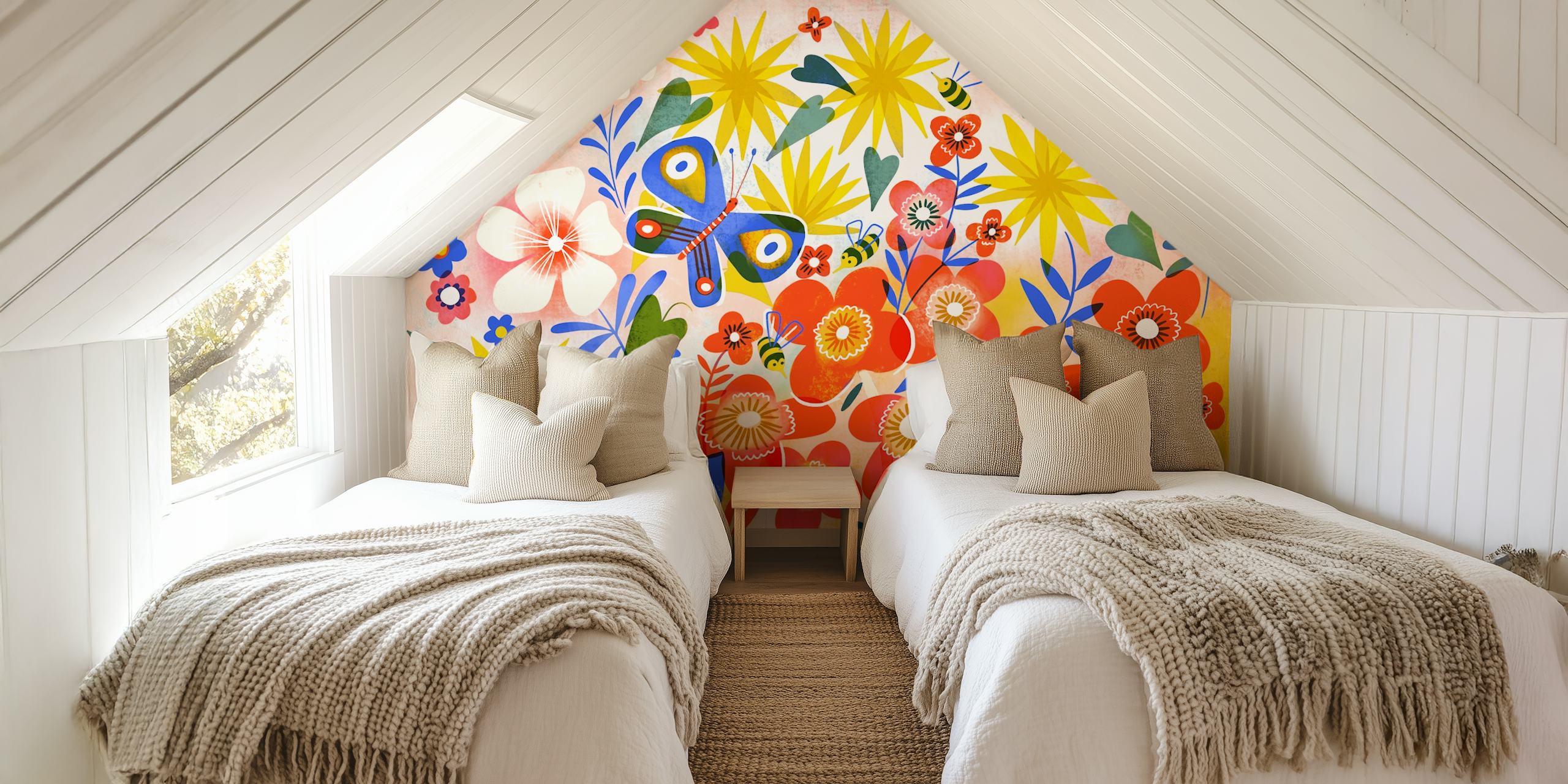 Colorful butterfly garden wallpaper in a room