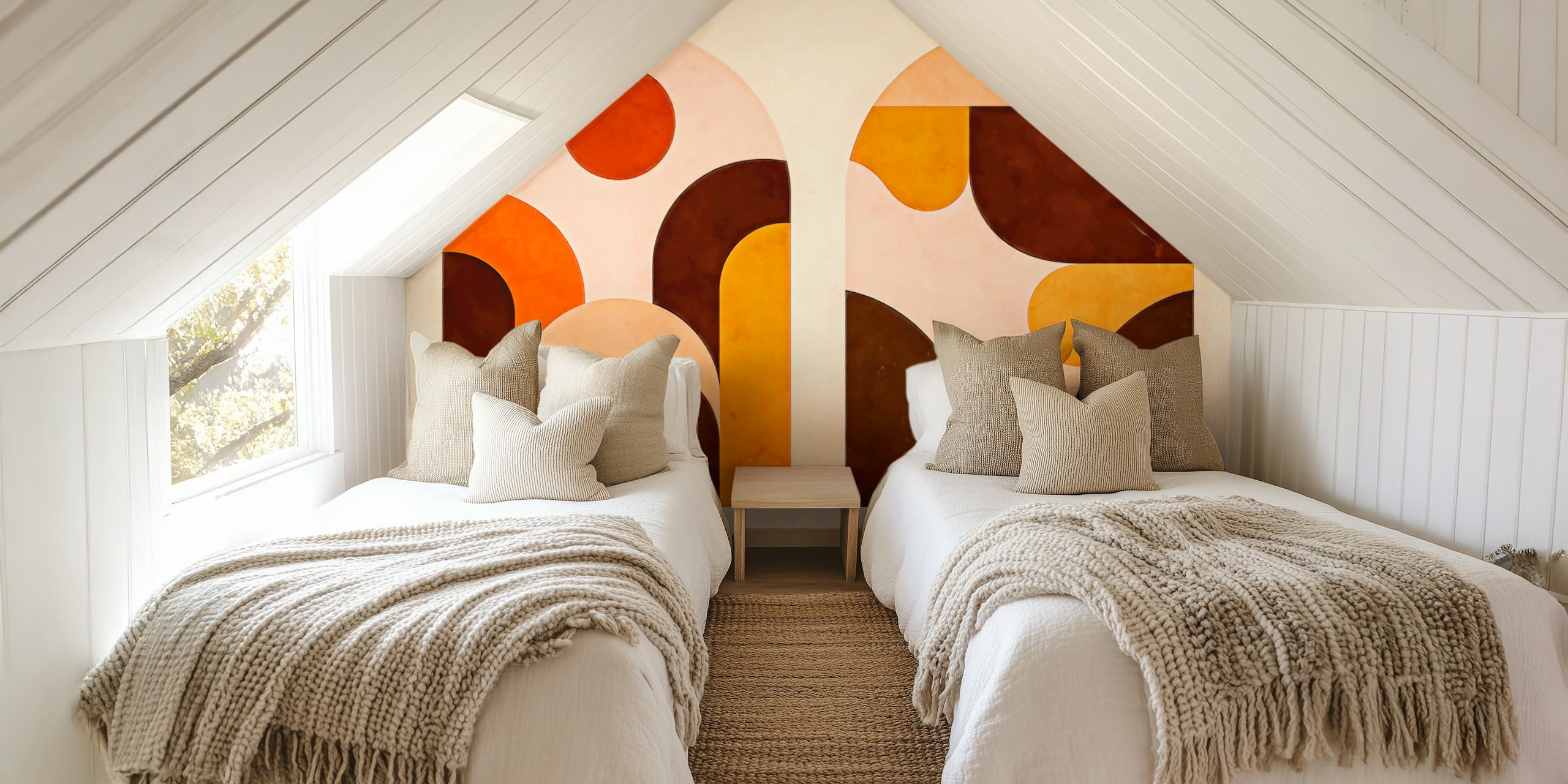 Geometric arch design in warm colors: orange, brown, cream wallpaper