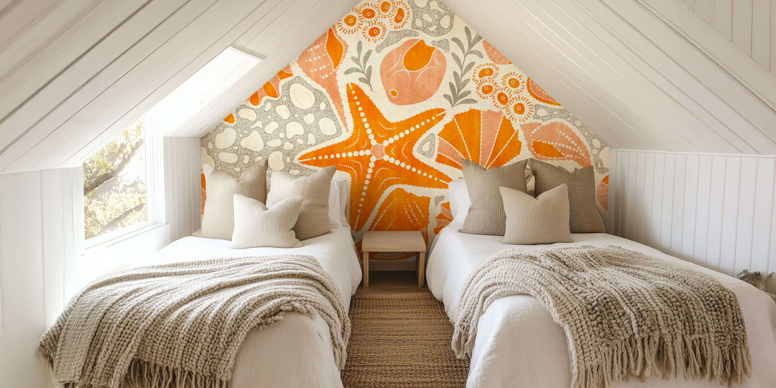 Floral patterns featuring orange shells and starfish wallpaper