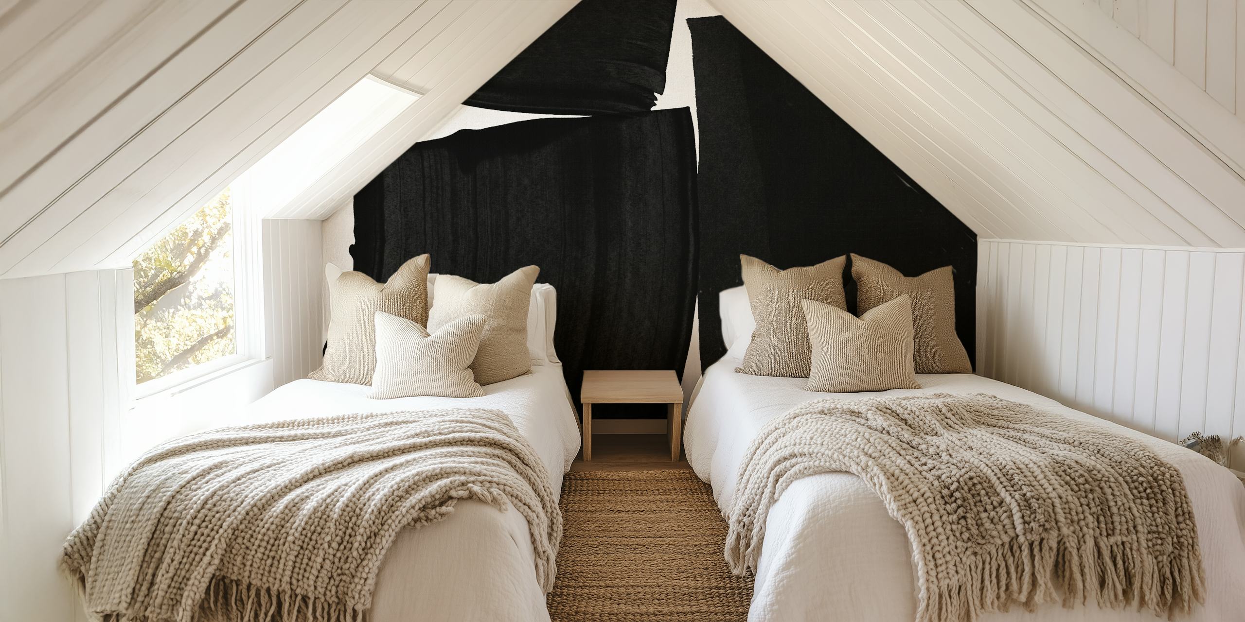 Minimalist black painting wallpaper em um quarto