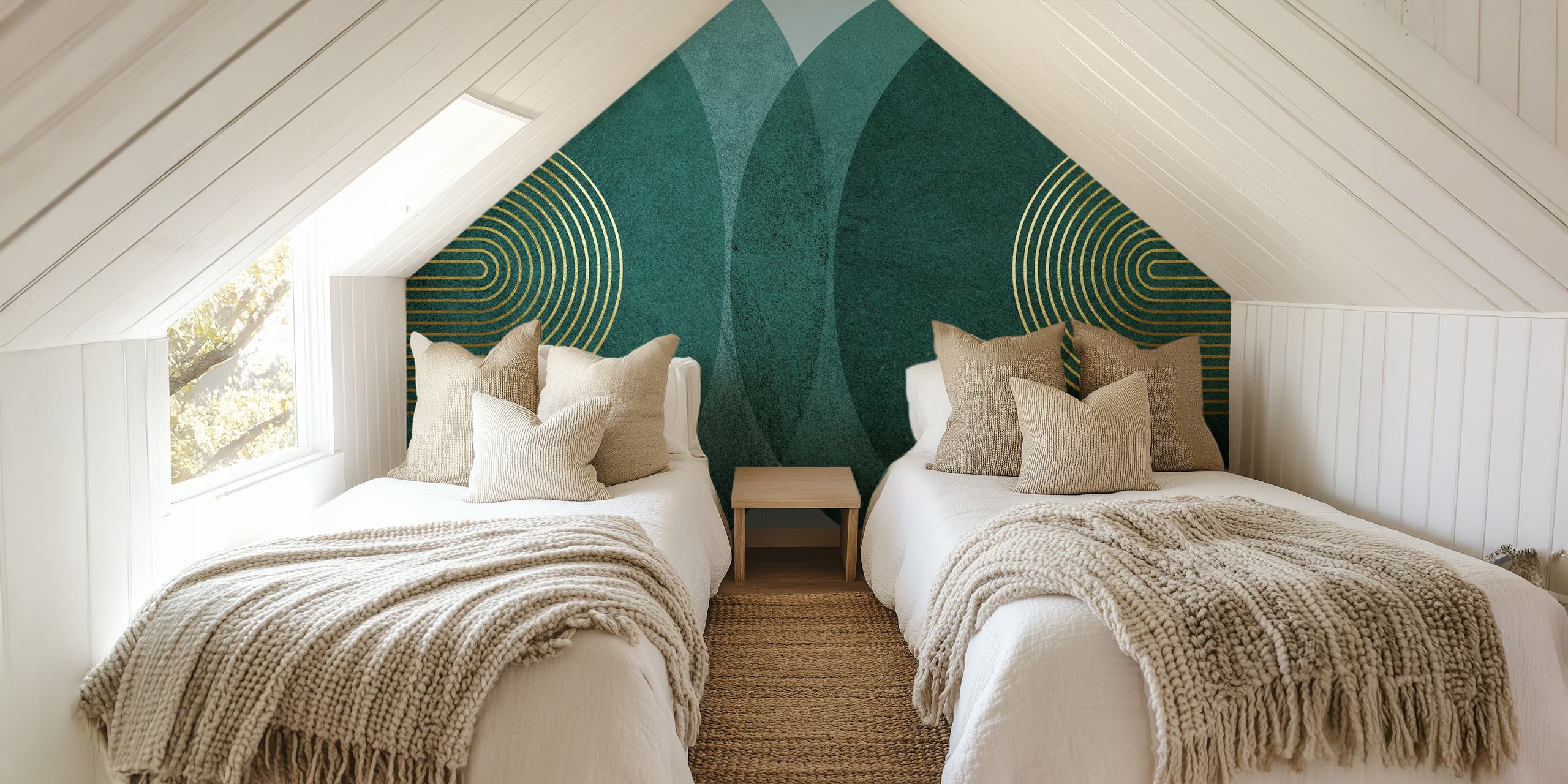 Teal geometric pattern with golden lines wallpaper