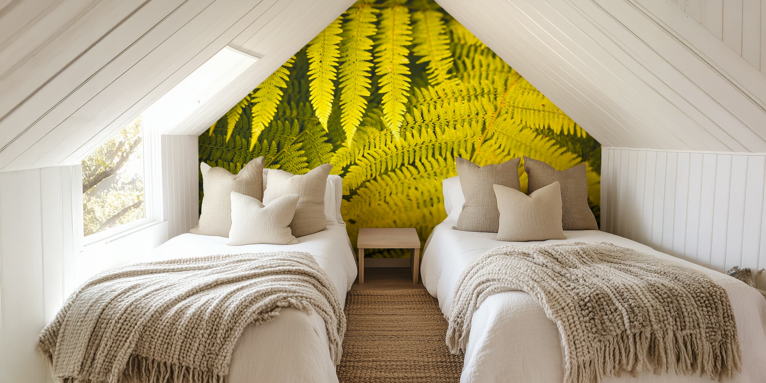 Golden fern foliage pattern in vibrant green wallpaper