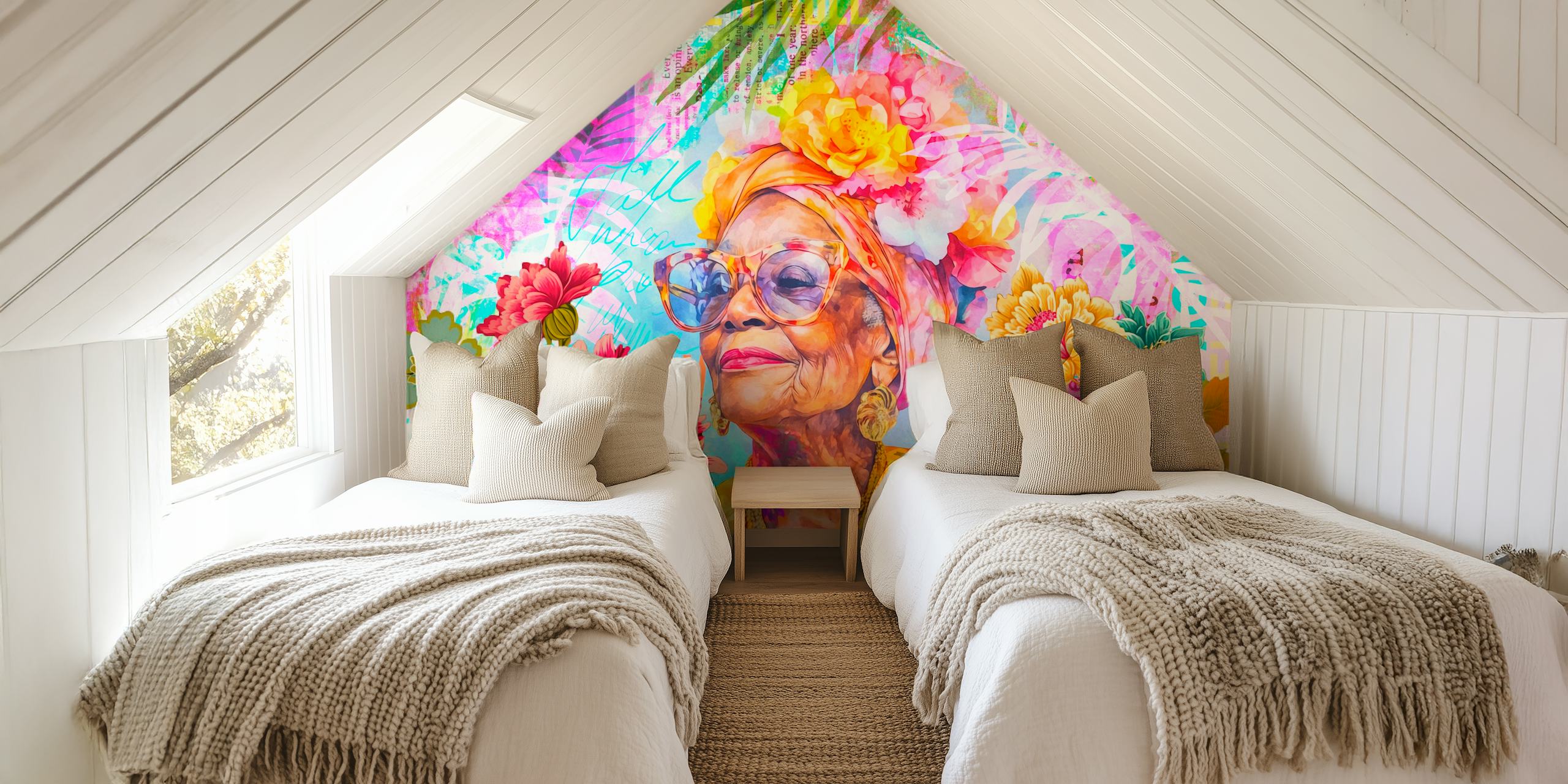 Colorful floral and portrait wallpaper with vibrant flowers and tropical leaves.