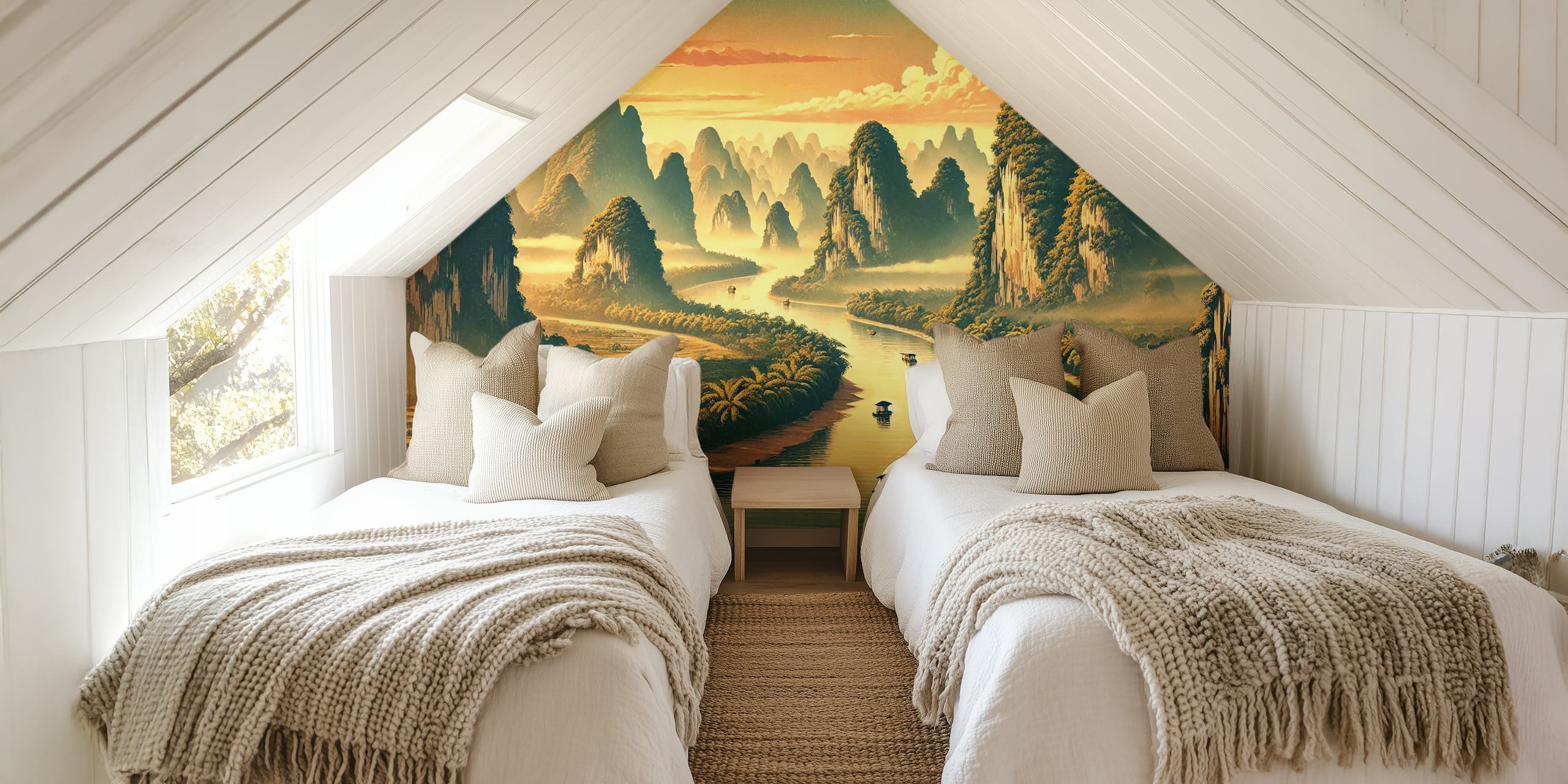 Karst mountains and river scene in soft orange and green wallpaper