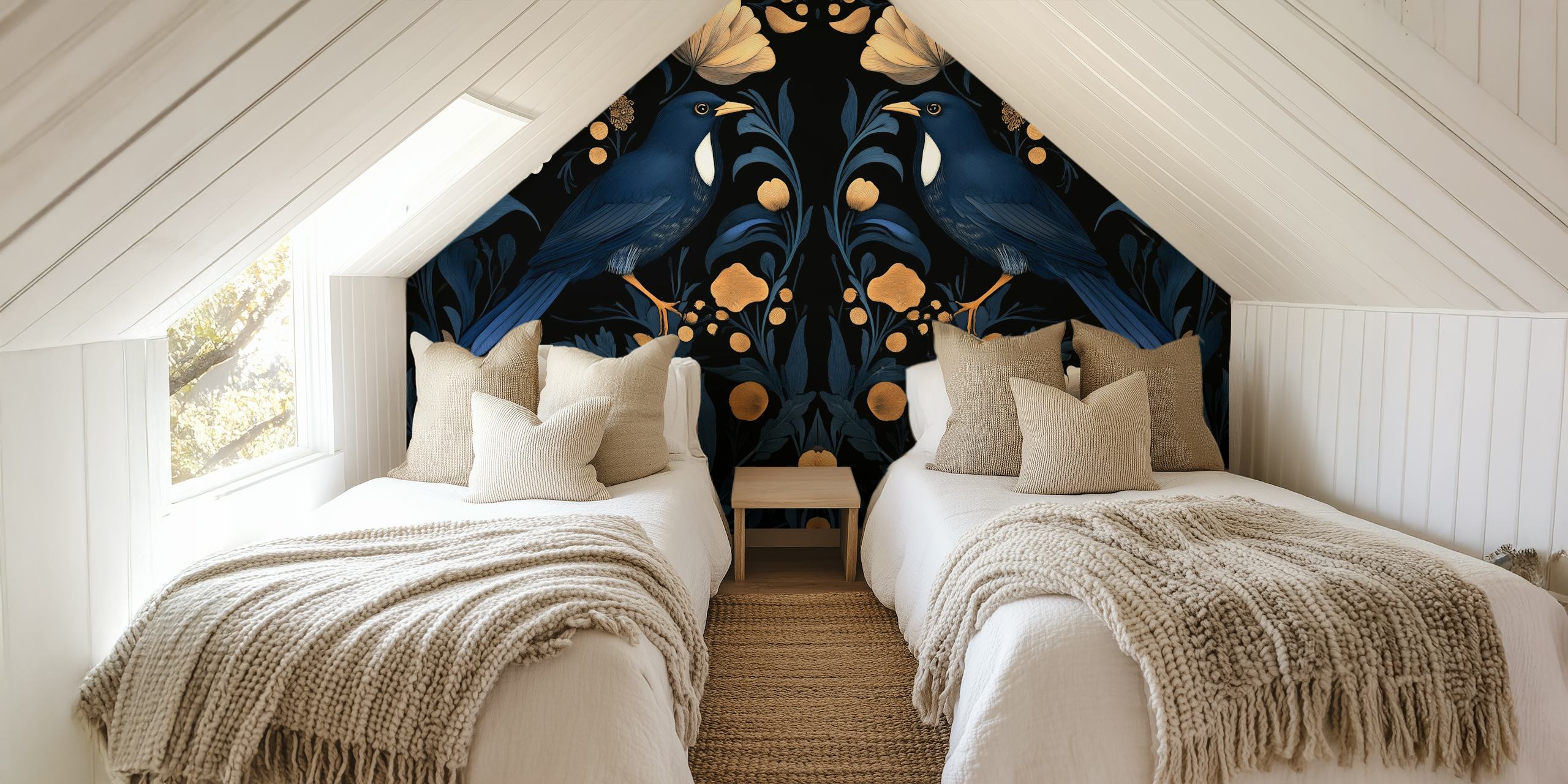 Elegant Bluebird Blossom wallpaper in a room