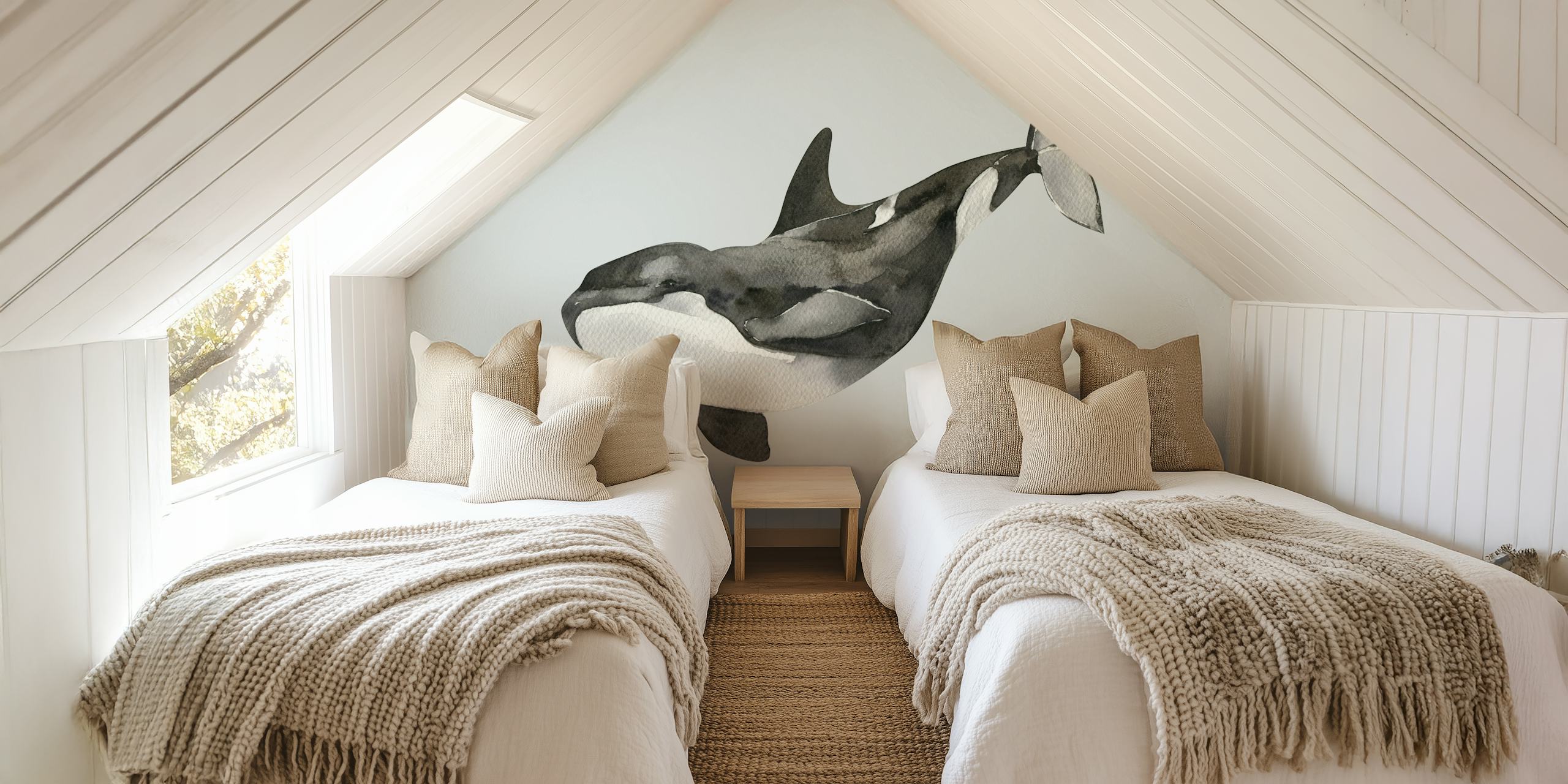Watercolor orca swimming in grey tones wallpaper