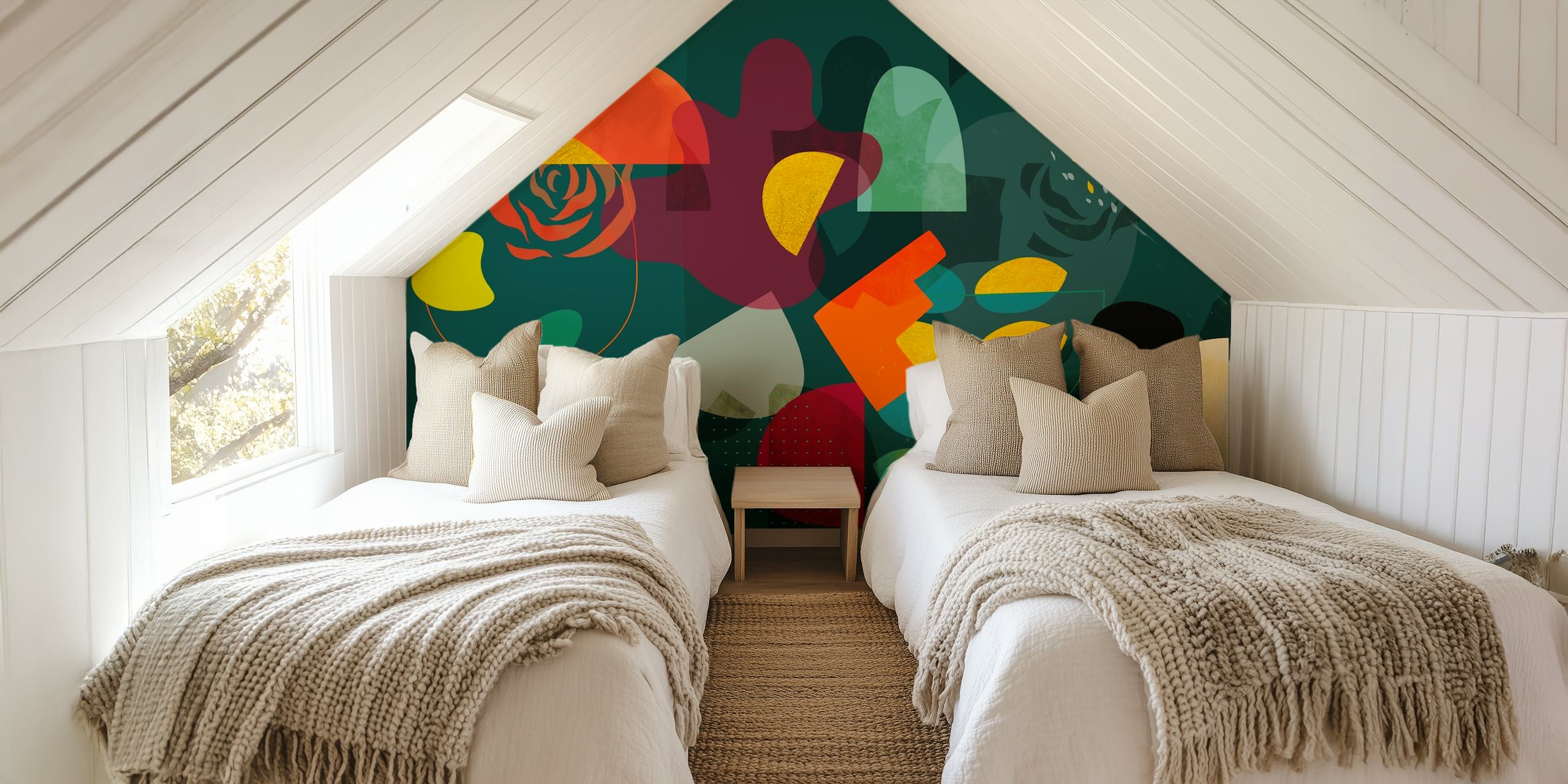 Abstract mid-century garden party wall mural with a blend of organic shapes and muted colors