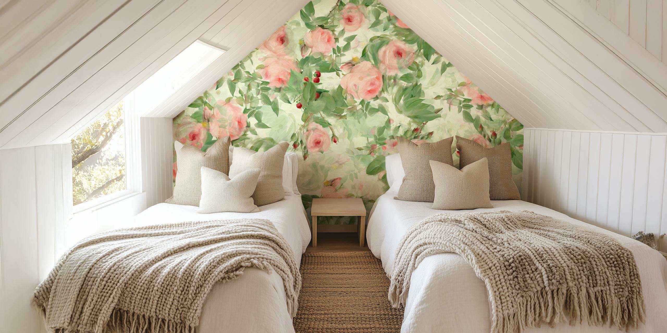 Pastel floral design featuring vintage roses and green leaves wallpaper