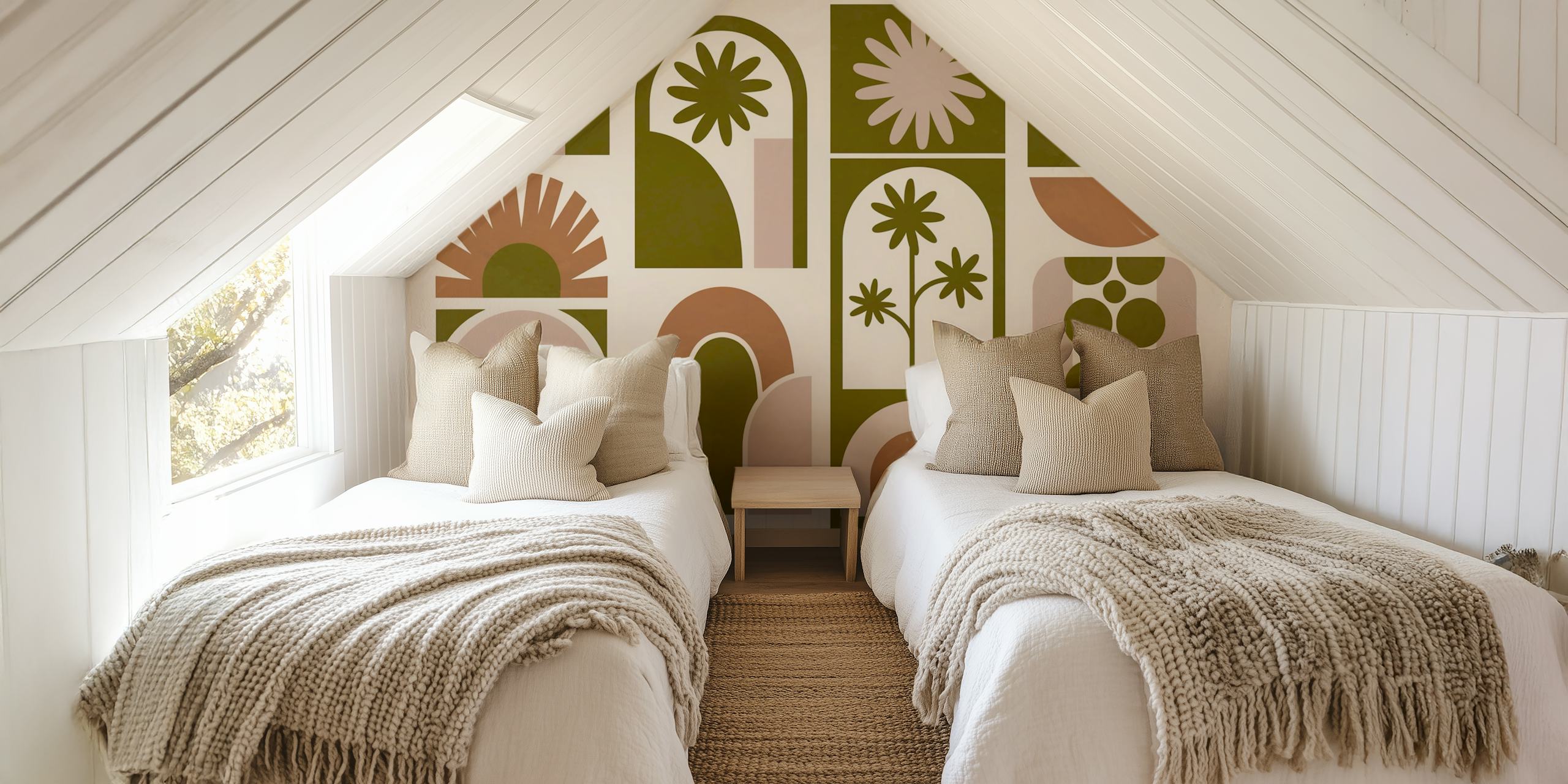 Geometric vintage botanical wallpaper in earthy tones.