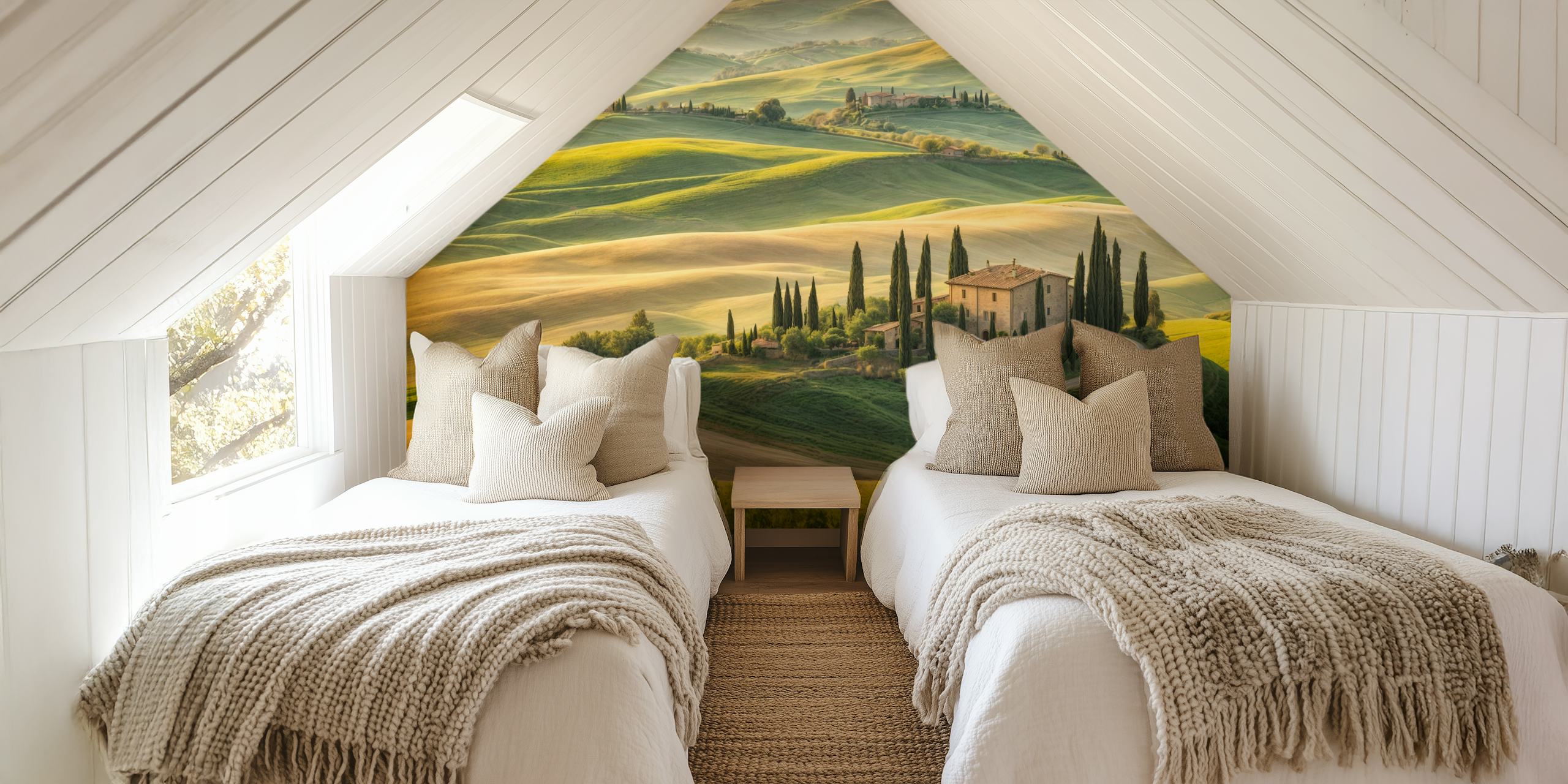 Scenic wallpaper of Tuscan landscape in a room