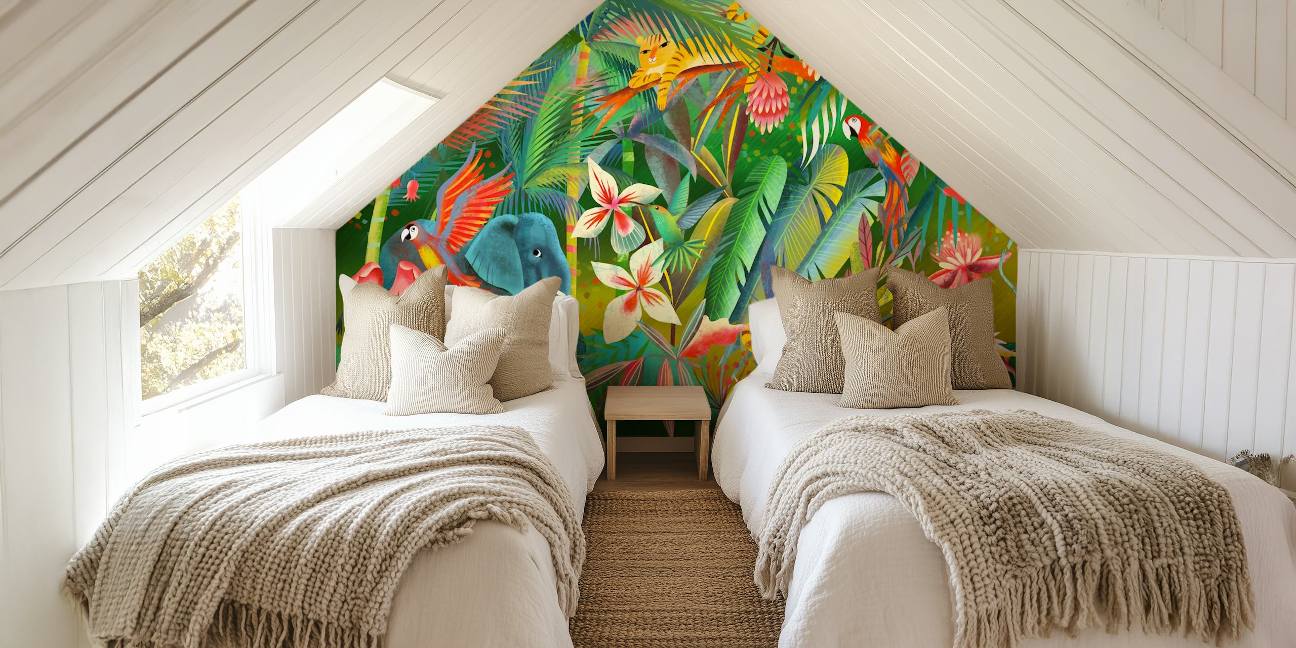 Colorful jungle scene wallpaper featuring tigers, elephants, toucans, and tropical flowers