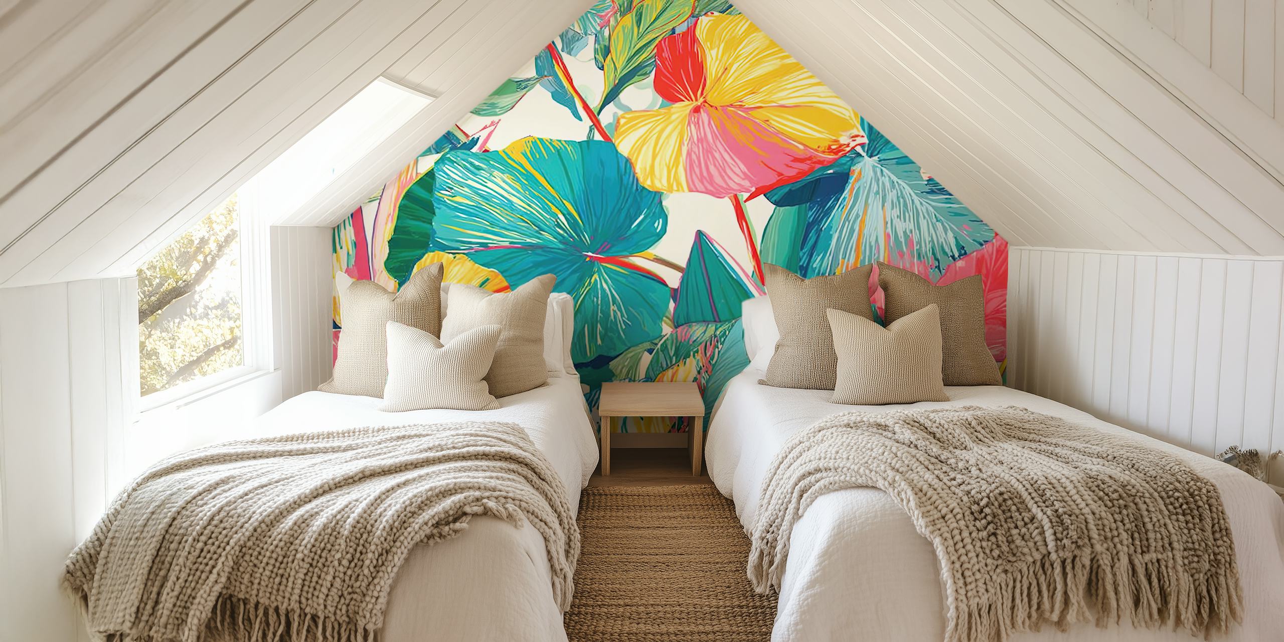 Tropical colorful floral wallpaper featuring large leaves in pink, yellow, blue, and green hues