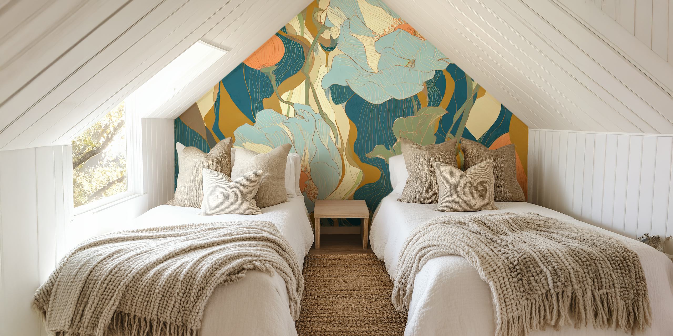 Fleurs stylisées en bleu et orange sur fond texturé wallpaper