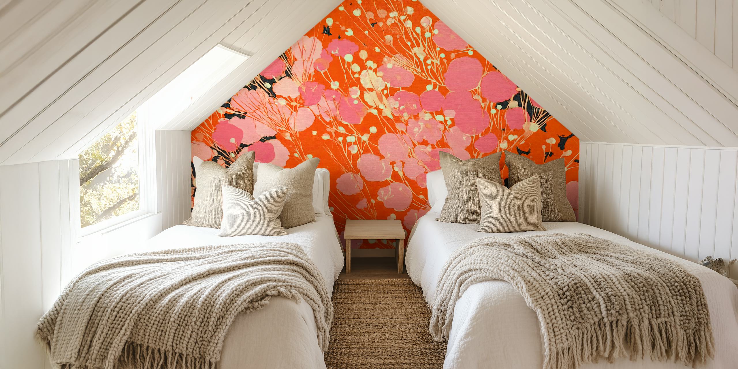 Pink floral patterns with orange background wall mural