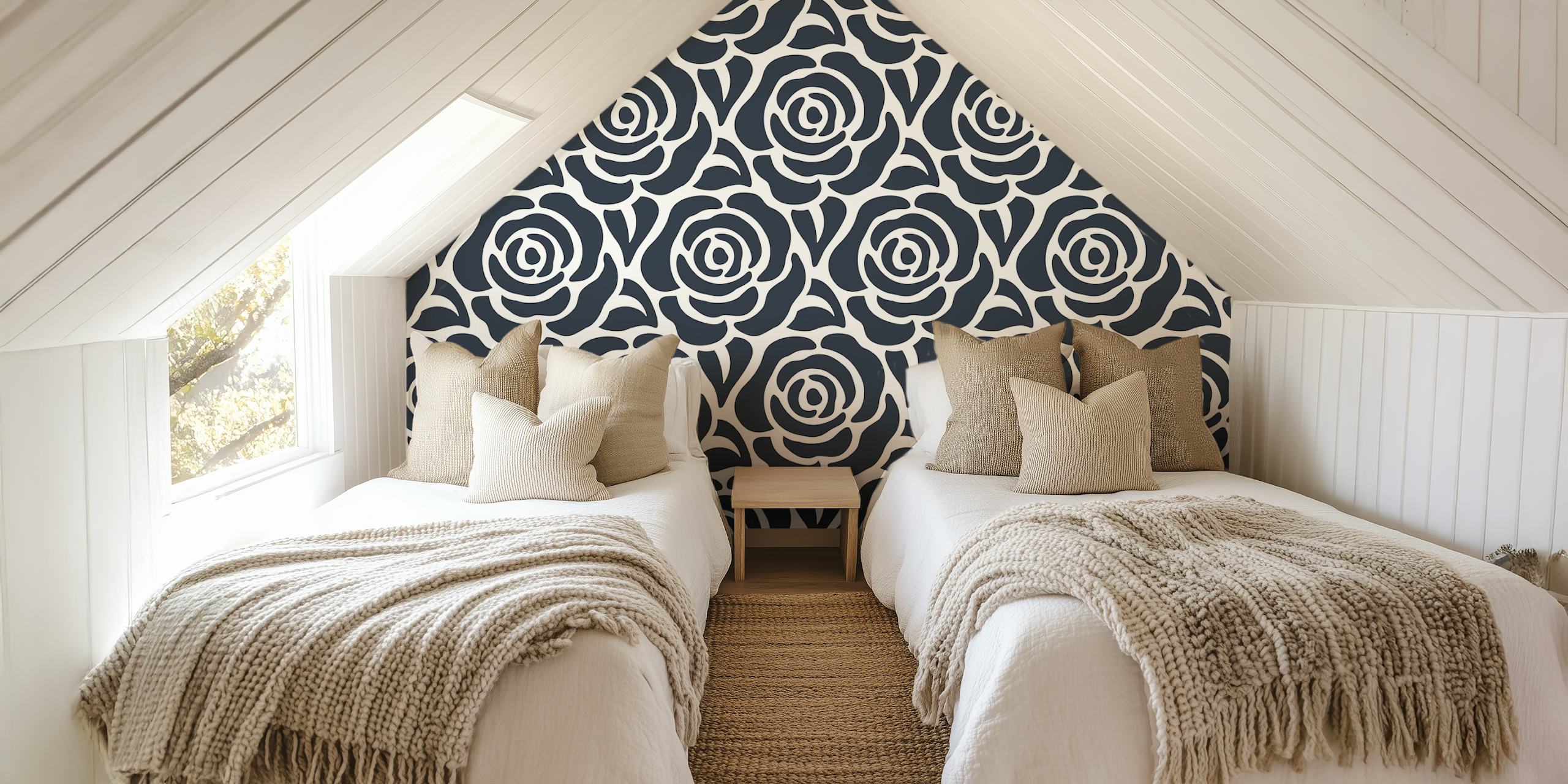 Papier peint noir et blanc Blooming roses pattern black and white