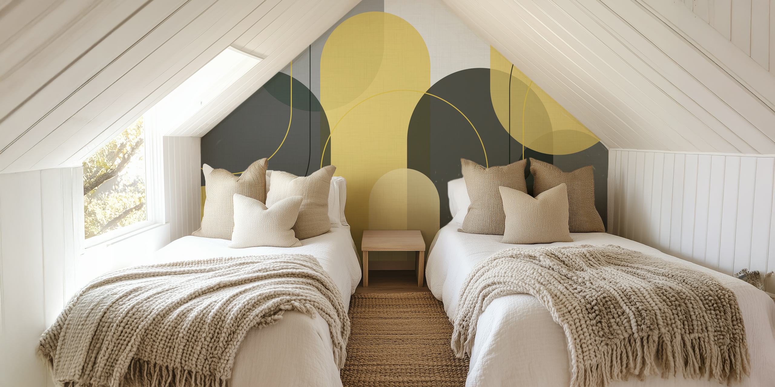 Geometric grey and yellow shapes with arches wallpaper