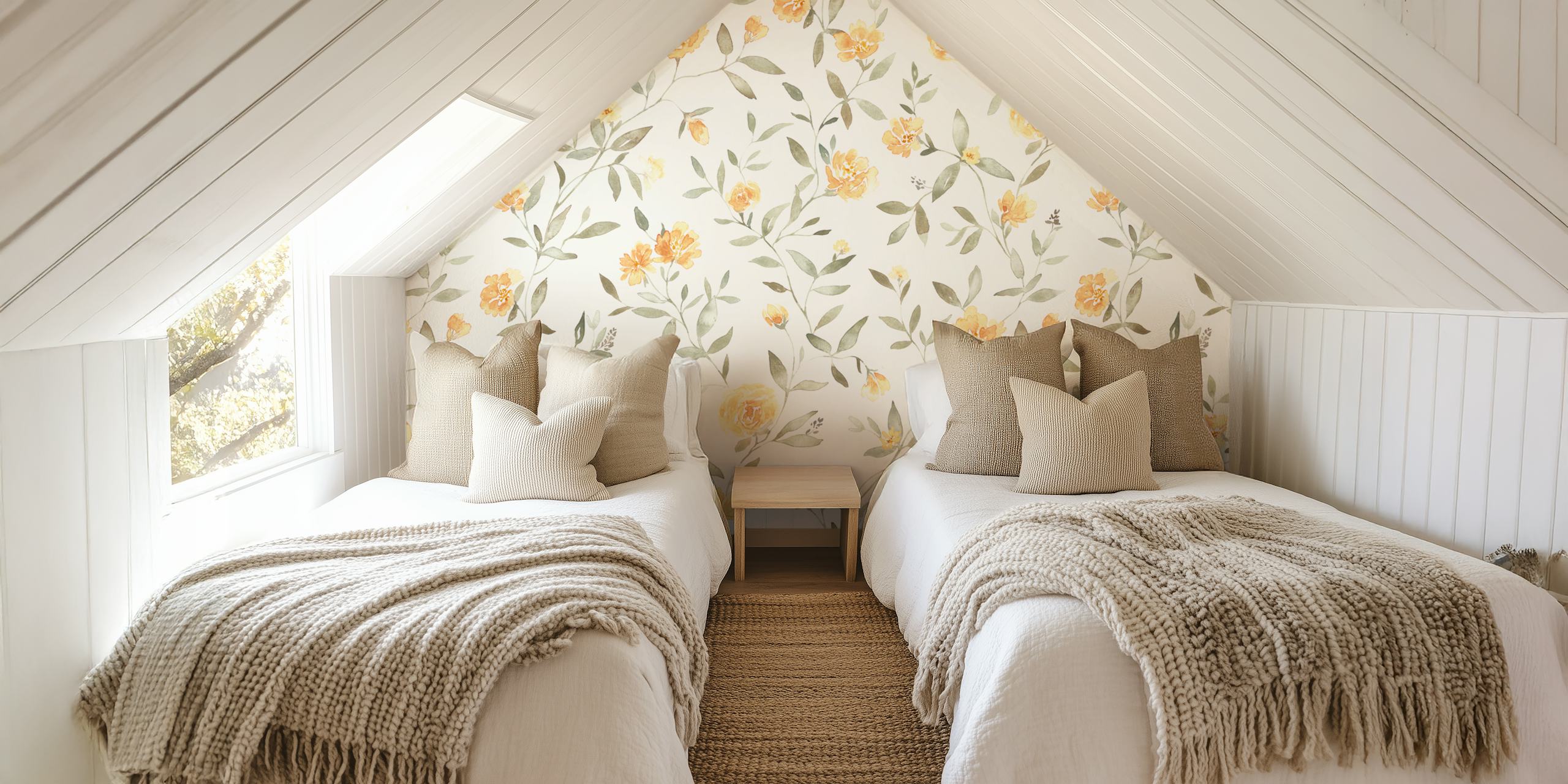Cottagecore floral mural with yellow and sage green