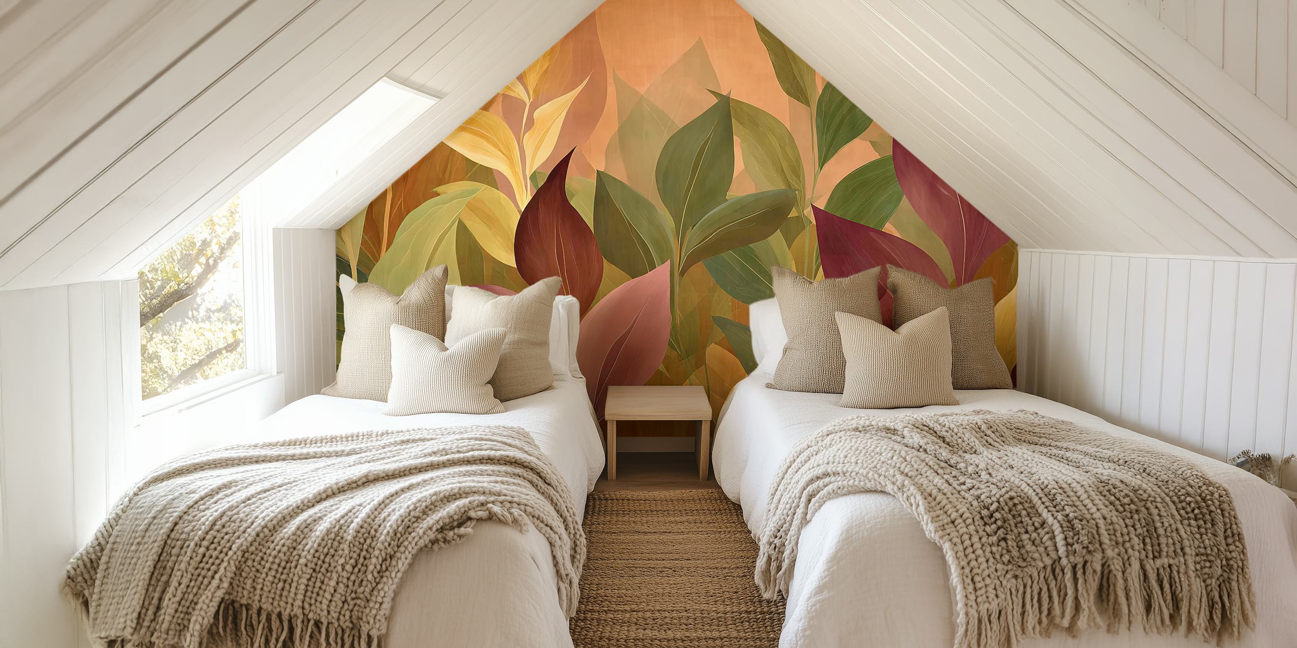 Vele herfstbladeren in warme kleuren zoals groen, bruin en rood, modern wallpaper